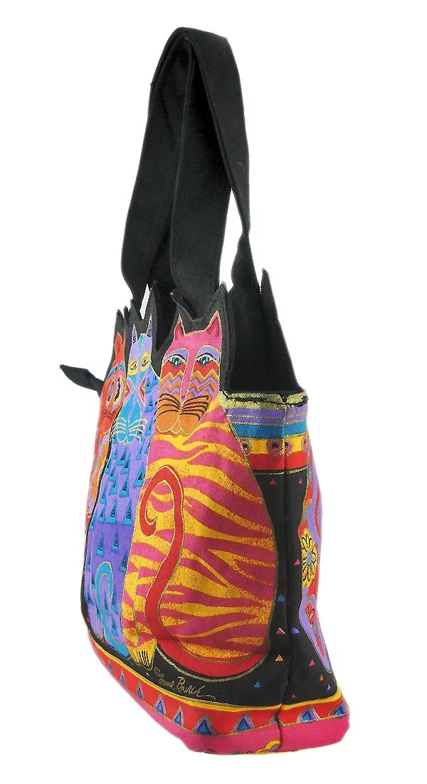 Laurel Burch Medium Tote Zipper Top 12"X3.5"X8.5"-Tres Gatos - Red, Orange & Blue