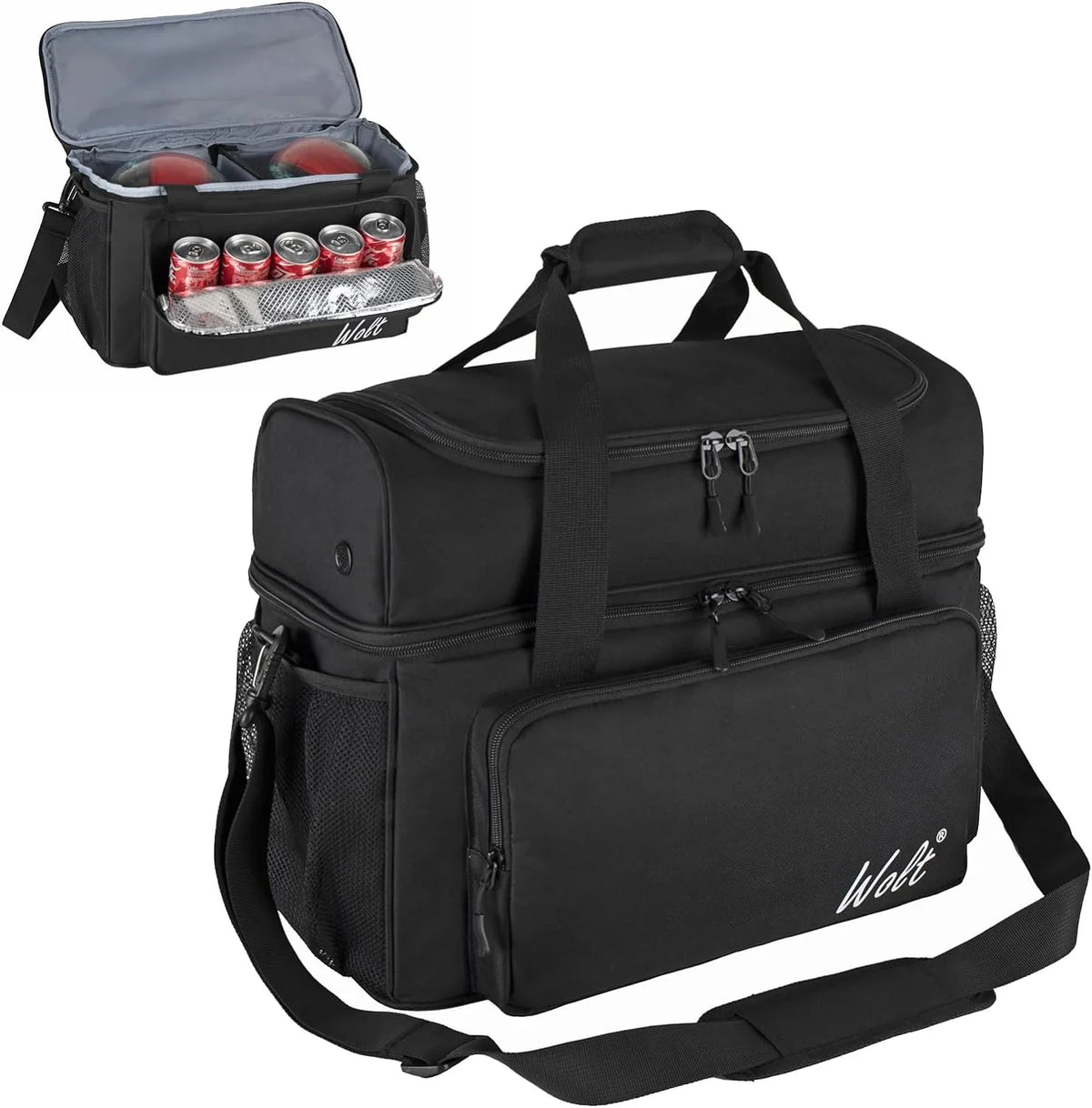 WOLT | Black Polyester Bowling Ball Bag for 2 Balls Fits Bowling Shoes up to Mens Size 16