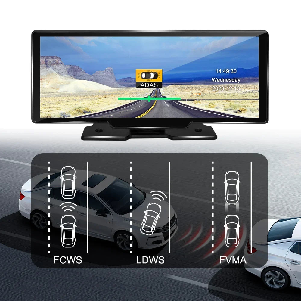 Adas Dash Cam  4K  DVR 10.26"  IPS with touch Screen 2 cameras for Front and Back recording Apple CarPlay , Android Auto Portable Navigation