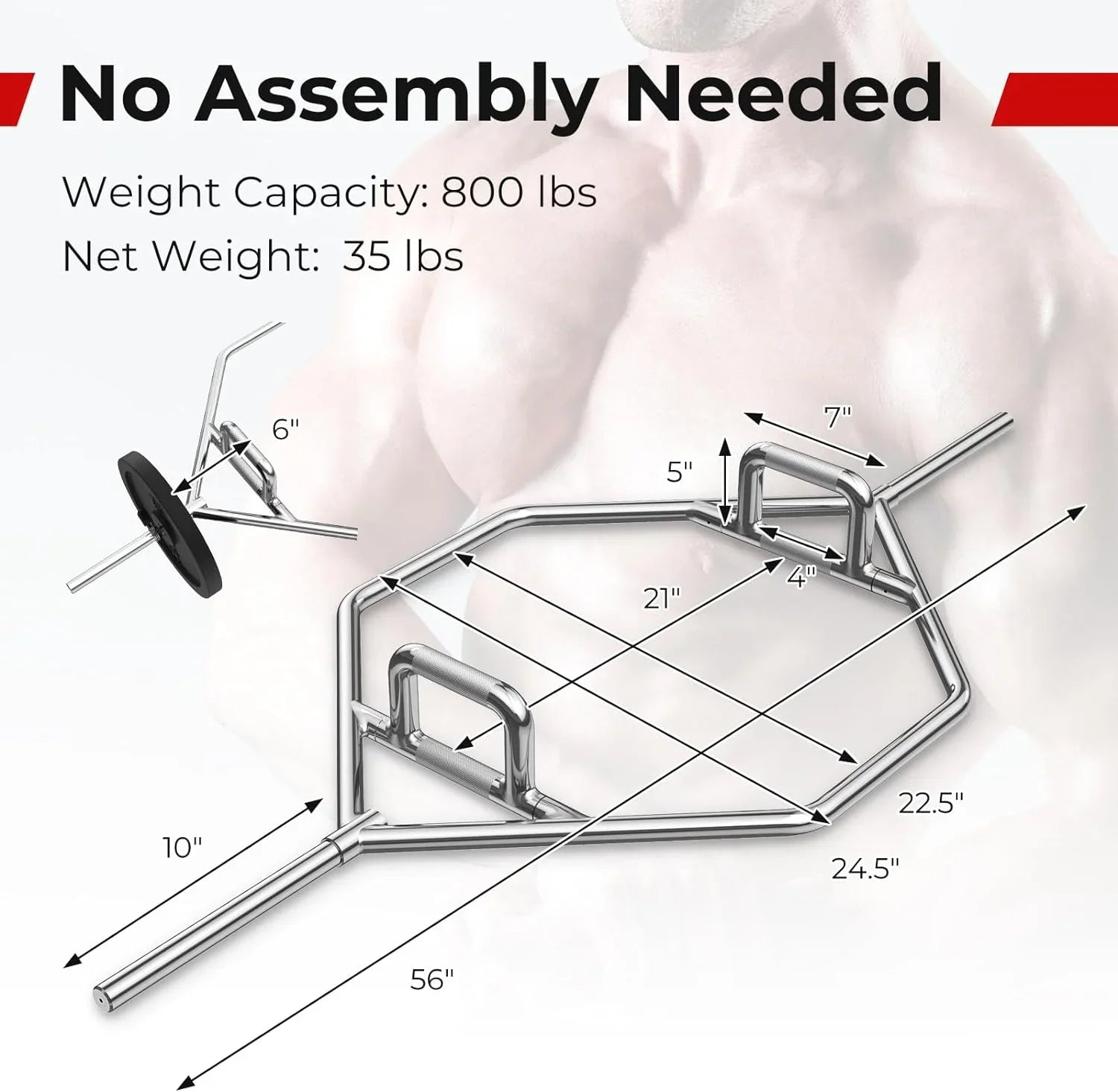 Olympic Hex Bar, Folding Trap Bar 56" Chrome Finish Hex Weight Lifting Bar Deadlift Bar With Two-Handle, For Squats, Deadlifts, Shrugs Power Pulls, 800Lbs Weight Capacity