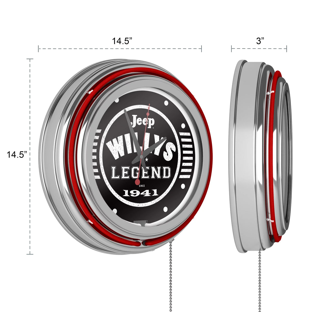 Neon Wall Clock-Jeep Willys Legend Black Double Rung Analog Clock with Pull Chain-Pub, Garage, or Man Cave Accessories (Red)