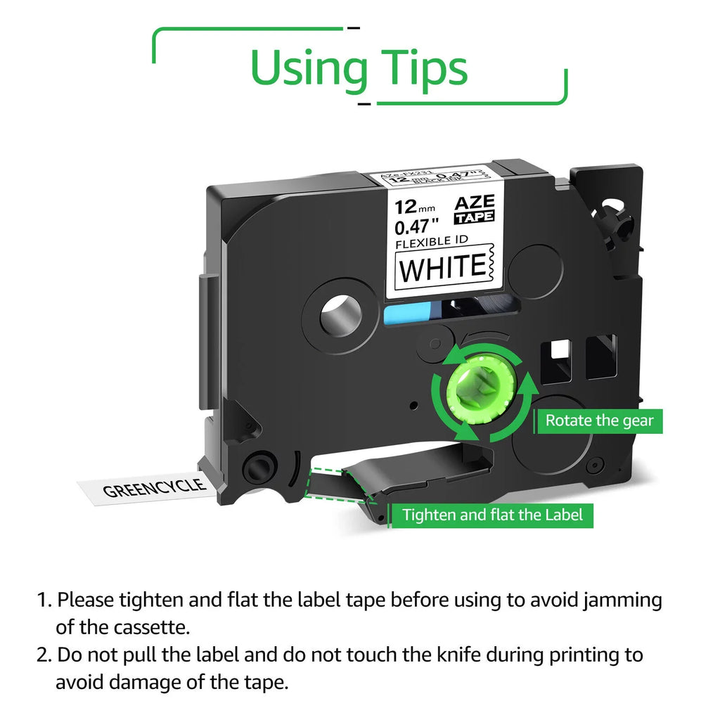 GREENCYCLE 50PK Compatible for Brother P-touch 12mm x 8m Black on White TZ TZe TZ-FX231 TZe-FX231 TZe-231 TZ-231 Flexible ID Cable Wire Label Tape