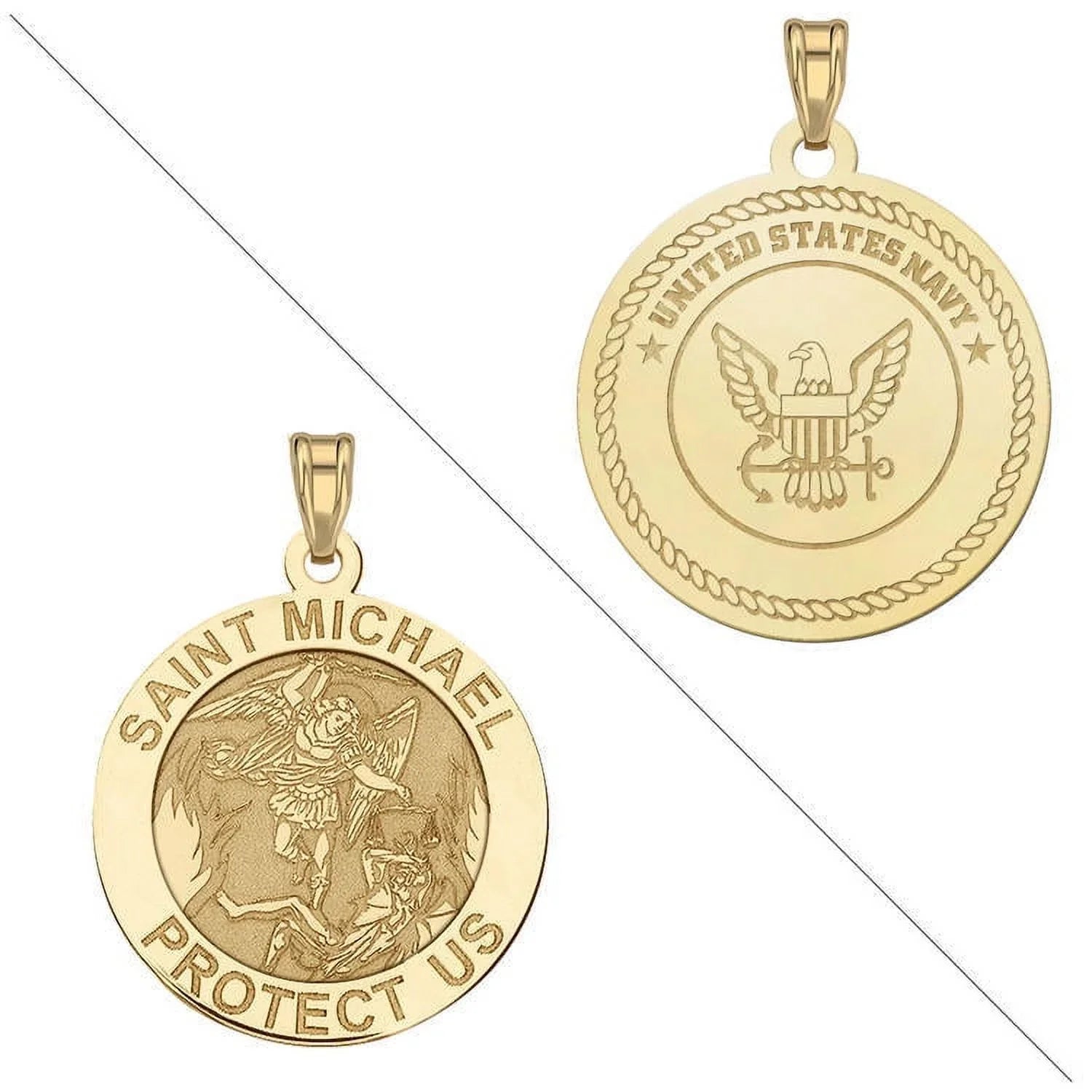 Saint Michael Doubledside NAVY Religious Medal  - 2/3 Inch Size of a Dime - Solid 14K Yellow Gold