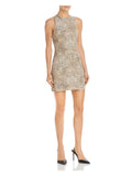 ALEXANDER WANG Womens Beige Denim Zippered Animal Print Sleeveless Round Neck Short Sheath Dress 8