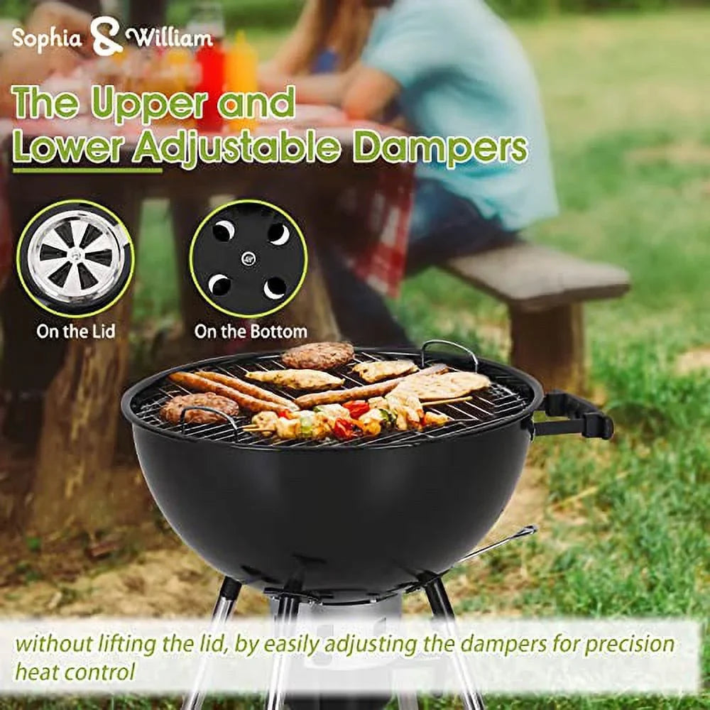 Sophia & William 18-inch Kettle Charcoal BBQ Grill with Porcelain-Enameled Lid and Bowl, Chromeplated Grate, Ash Catcher for Outdoor Picnic BBQ Patio Camping, Black