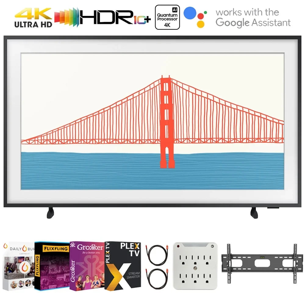 Samsung QN65LS03AA 65 inch The Frame QLED 4K Smart TV 2021 Bundle with Premiere Movies Streaming 2020 + 37-100 inch TV Wall Mount + 6-Outlet Surge Adapter + 2x 6FT 4K HDMI 2.0 Cable