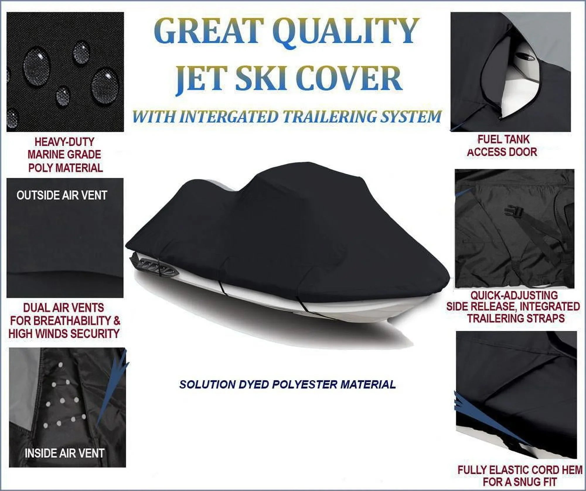 BLACK 600 DENIER JetSki Cover Compatible for Kawasaki Ultra 300LX 2011 2012 2013 2014 2015 Jet Ski PWC Watercraft Cover