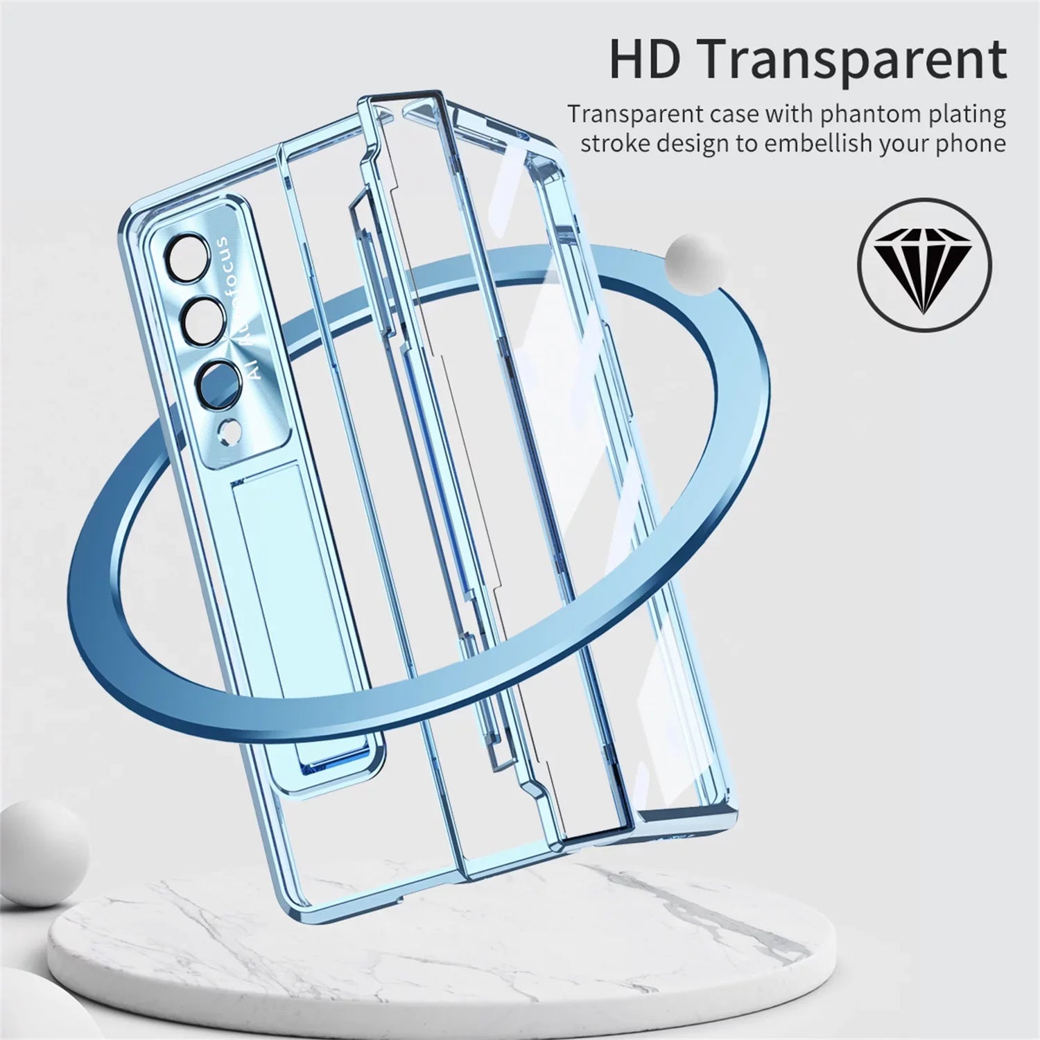 TECH CIRCLE Galaxy Z Fold 3 Case, Ultra-Thin Luxury Perfect Clear Plating Hard PC Crystal Transparent Kickstand Cover Anti-Scratch Shockproof Protection Case for Samsung Galaxy Z Fold 3 5G, Blue