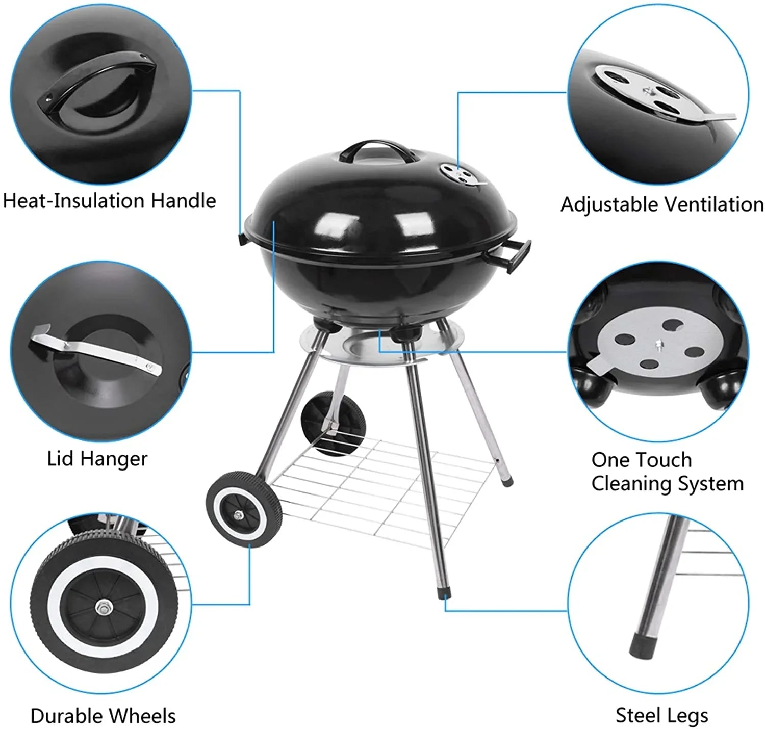 Charcoal Grill, 18 inch Stainless Steel BBQ Charcoal with Wheels and Storage Holder for Camping, Picnic, Barbecue, Party, Outdoor Activities
