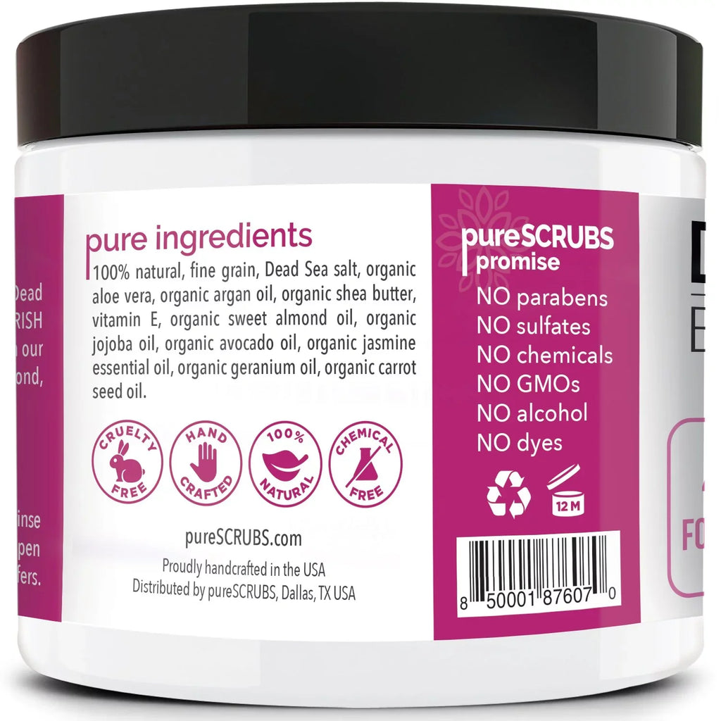 pureSCRUBS Premium Organic Body Scrub Set - Large 16oz JASMINE BODY SCRUB - Pure Dead Sea Salt Infused With Organic Essential Oils & Nutrients + FREE Wooden Spoon, Loofah & Mini Exfoliating Bar Soap