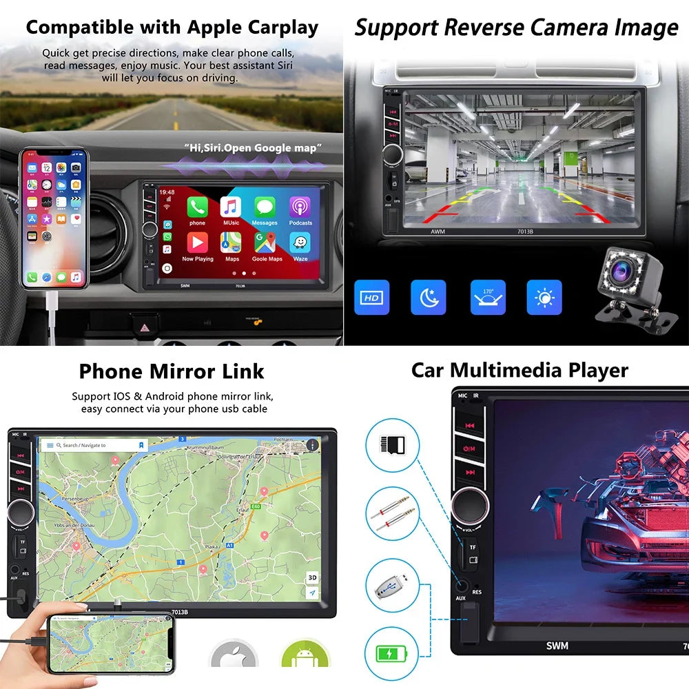 Podofo 2 Din Car Stereo with Apple D-play 7 inch Touch Screen Car MP5 Player Car Radio Bluetooth USB with 4 LED Rear View Camera