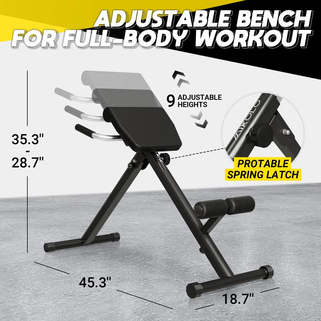 Mikolo Hyperextension Roman Chair, Foldable Exercise Bench with 300LBS Capacity, 9 Adjustable Heights for Strength Training.