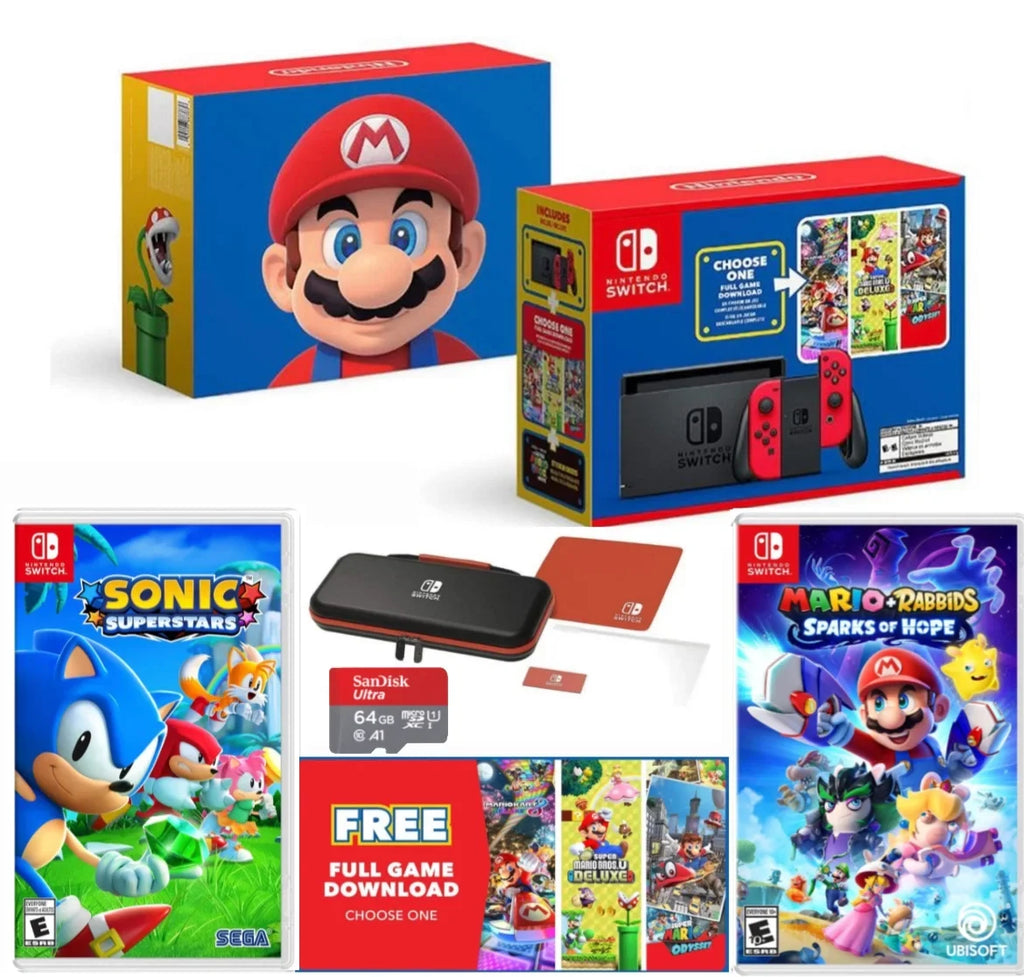 Nintendo Switch Mario 40th Edition - Red Joy-Con - Choose One of Three Download Mario Games + Sonic Superstars + Mario & Rabbids Spark of Hope + 64GB MicroSD Memory card + Switch Carrying Case