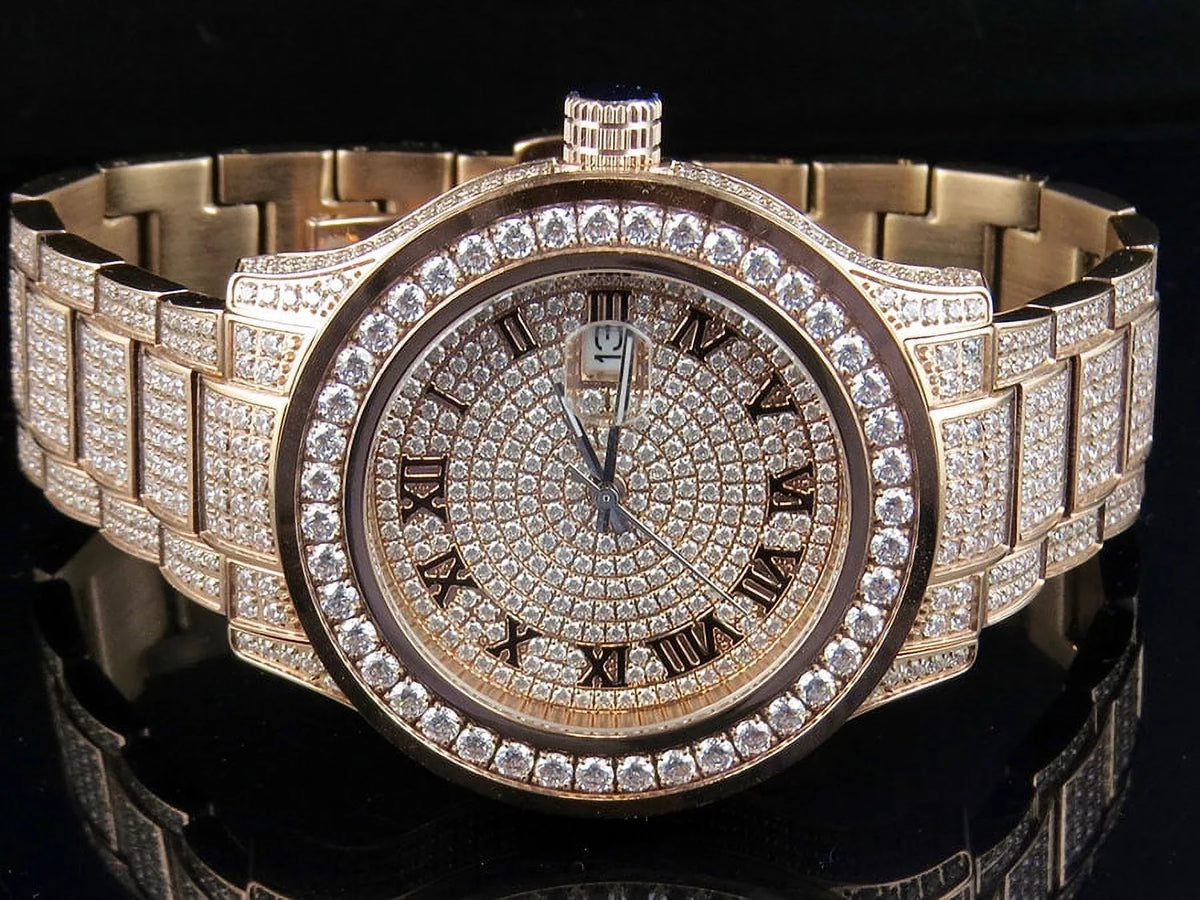 Mens Rose Gold Simulated Diamond Watch 45MM DJ-04