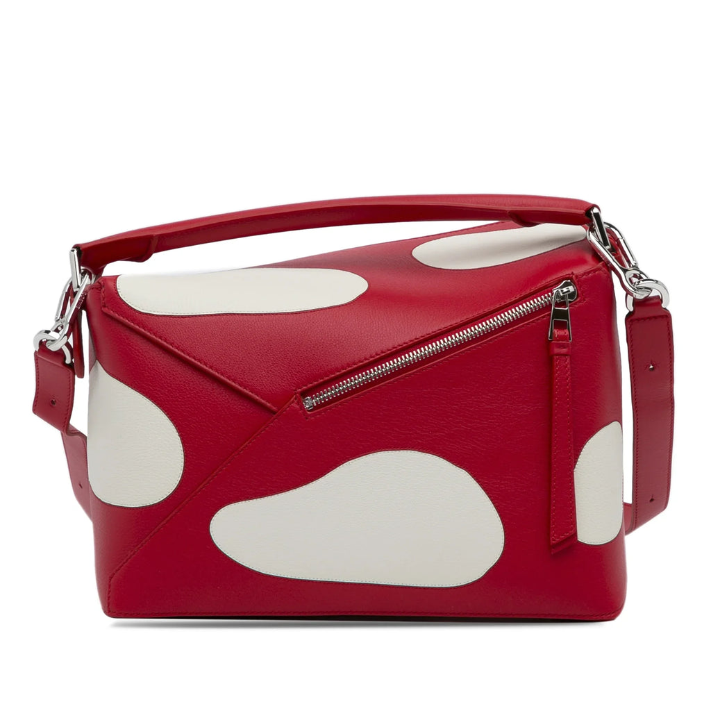 Pre-Owned Authenticated LOEWE Small Mushroom Puzzle Edge Calf Leather Red Satchel Unisex (Good)