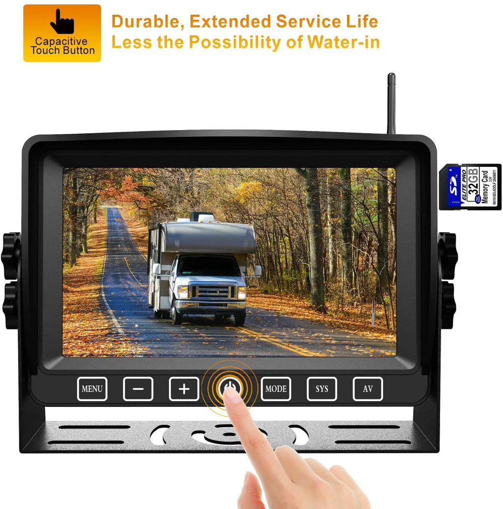 Wireless Dual Backup Camera with 7” Touch Button Rearview Monitor for RV Trailer Truck Motorhome Camper Digital 1080P AHD Rear Side View Cam with Long Range Operation Signal DVR System Xroose CM2