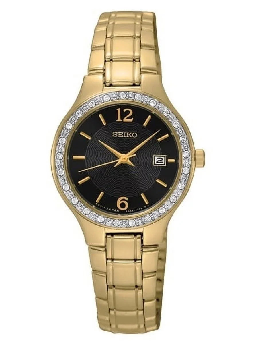 Seiko Women's SUR768 Stainless Steel Gold Bracelet Band Black Dial Watch