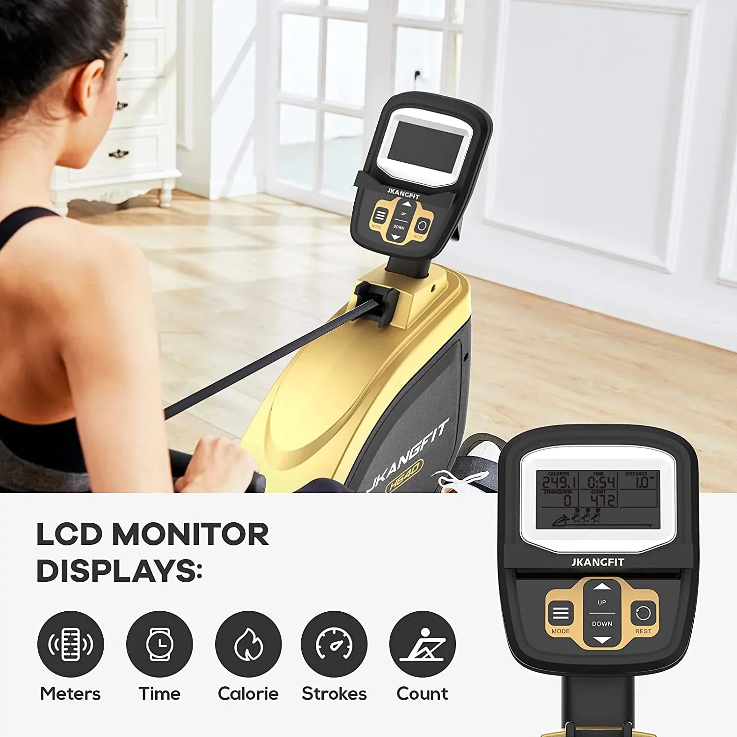 pooboo Folding Rowing Machine - Rowing Machines for Home Use Indoor Magnetic Rower for Full Body with 16 Levels Resistance LCD Monitor Device Holder