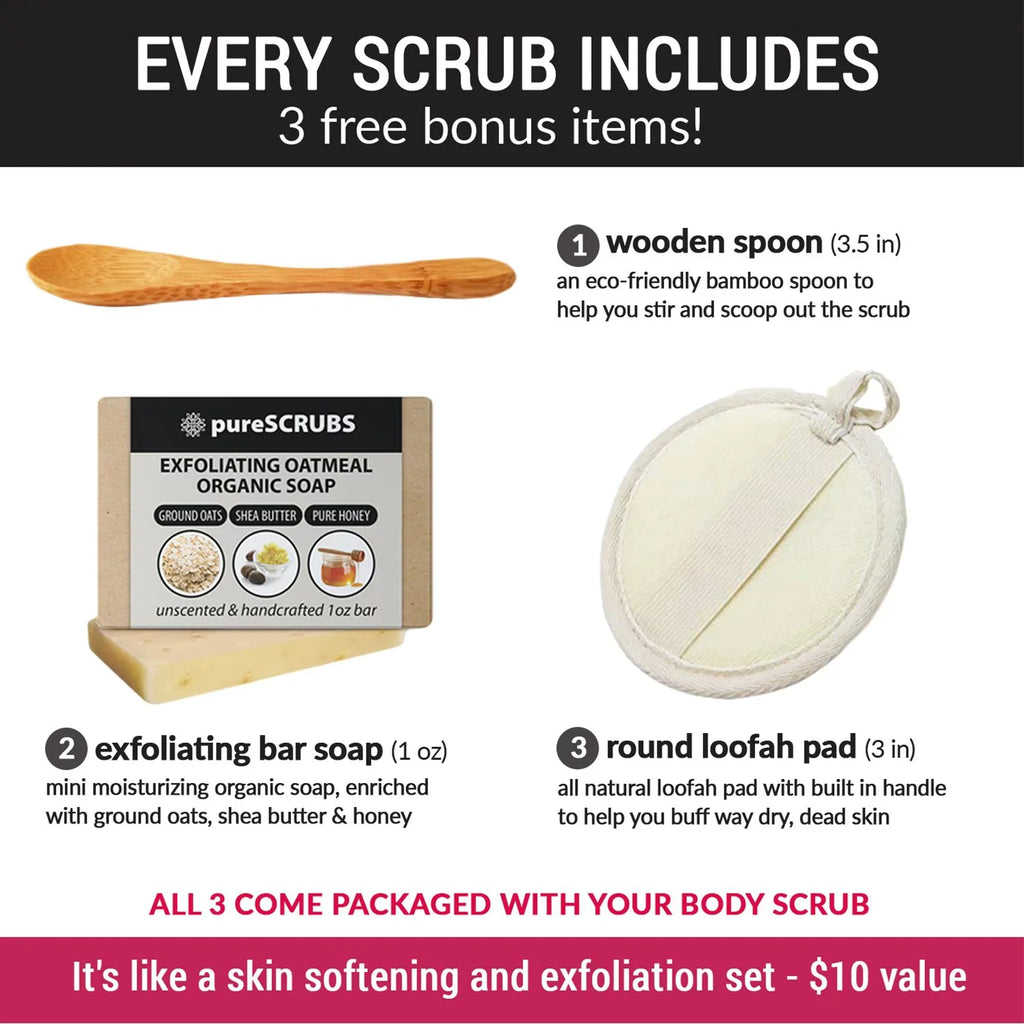 pureSCRUBS Premium Organic Body Scrub Set - Large 16oz JASMINE BODY SCRUB - Pure Dead Sea Salt Infused With Organic Essential Oils & Nutrients + FREE Wooden Spoon, Loofah & Mini Exfoliating Bar Soap