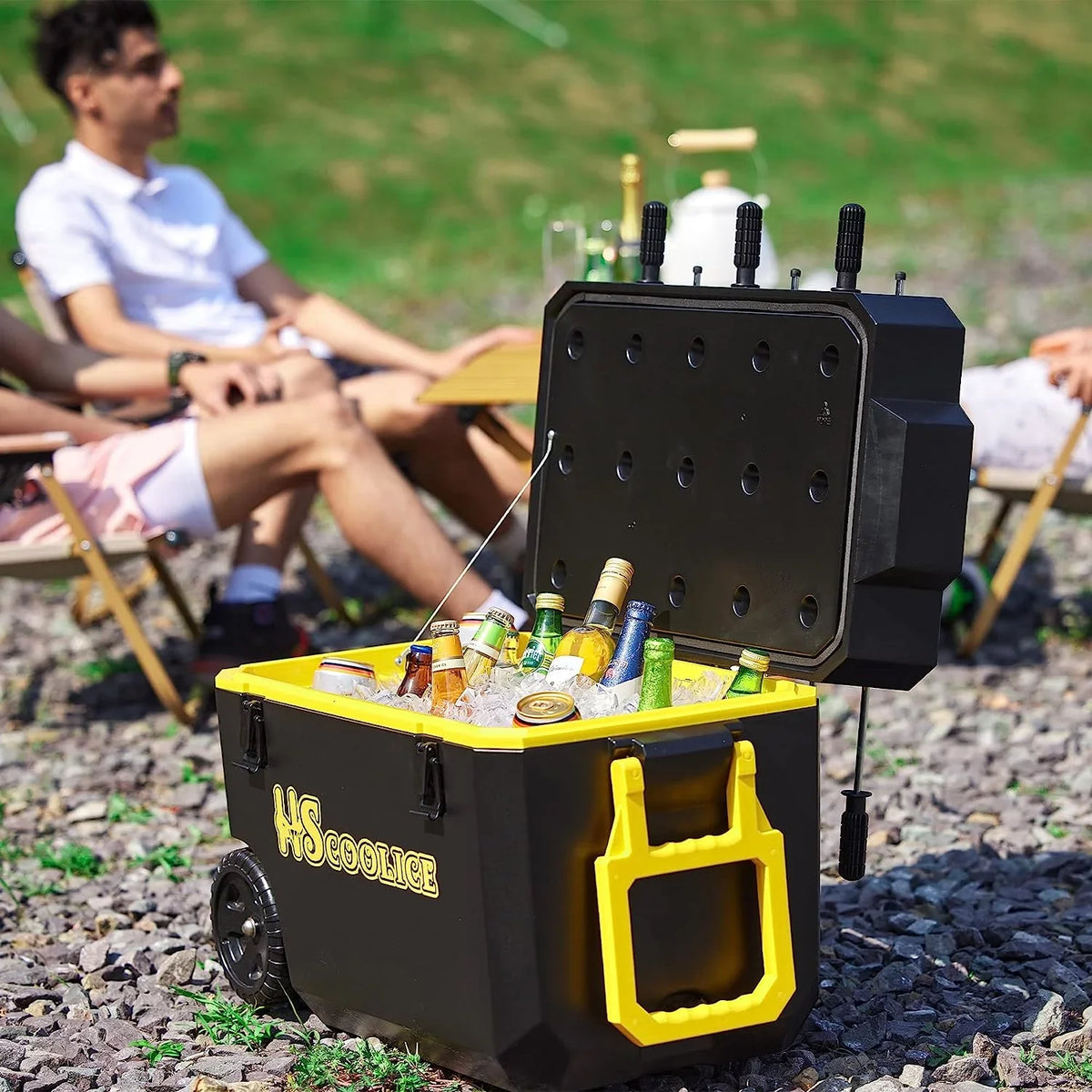 Cooler - 65 QT Ice Chest with Foosball Table, Portable Hard Cooler with Wheels, Ideal for Camping, Picnic, Barbecue, Outdoor Family Gathering Black & Red