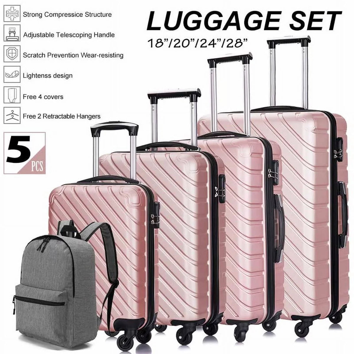 4 Piece Hardshell Luggage Sets,Travel Suitcase,Carry On Luggage with Spinner Wheels Free Cover&Hanger Inside rose gold