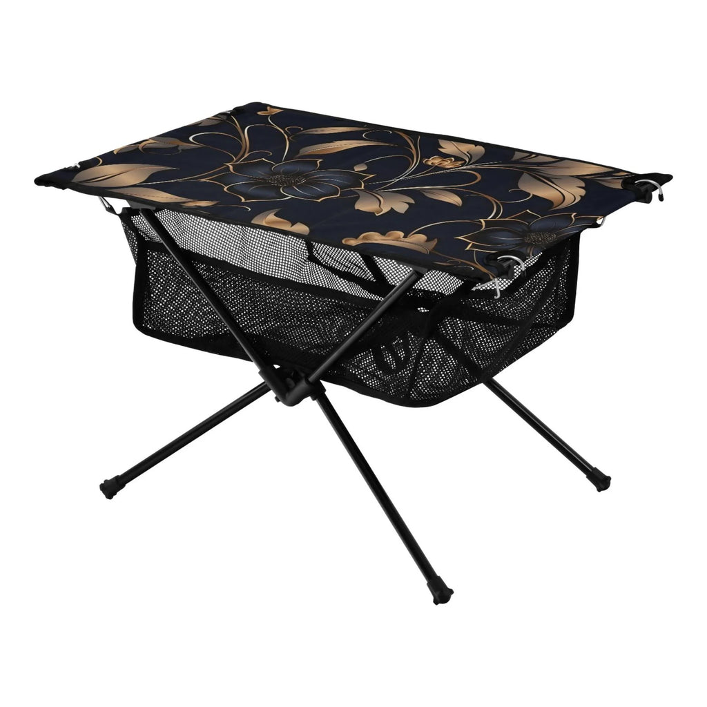 Flower on Black Camping Folding Table Portable Beach Table with Storage Bag Compact Picnic Table for Outdoor Travel Fishing BBQ
