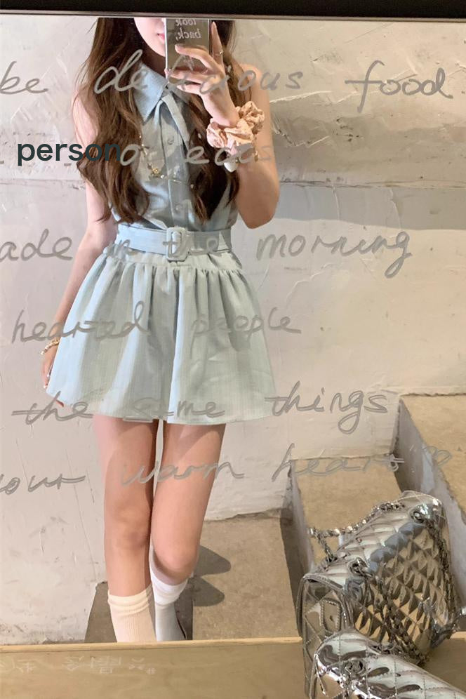 Deeeefuu Pei Pei Han Man Oni Mint Mambo Neck Dress Women Tie Waisted Commuter Short Dresses Sleeveless Halter Dress [In Stock]] S