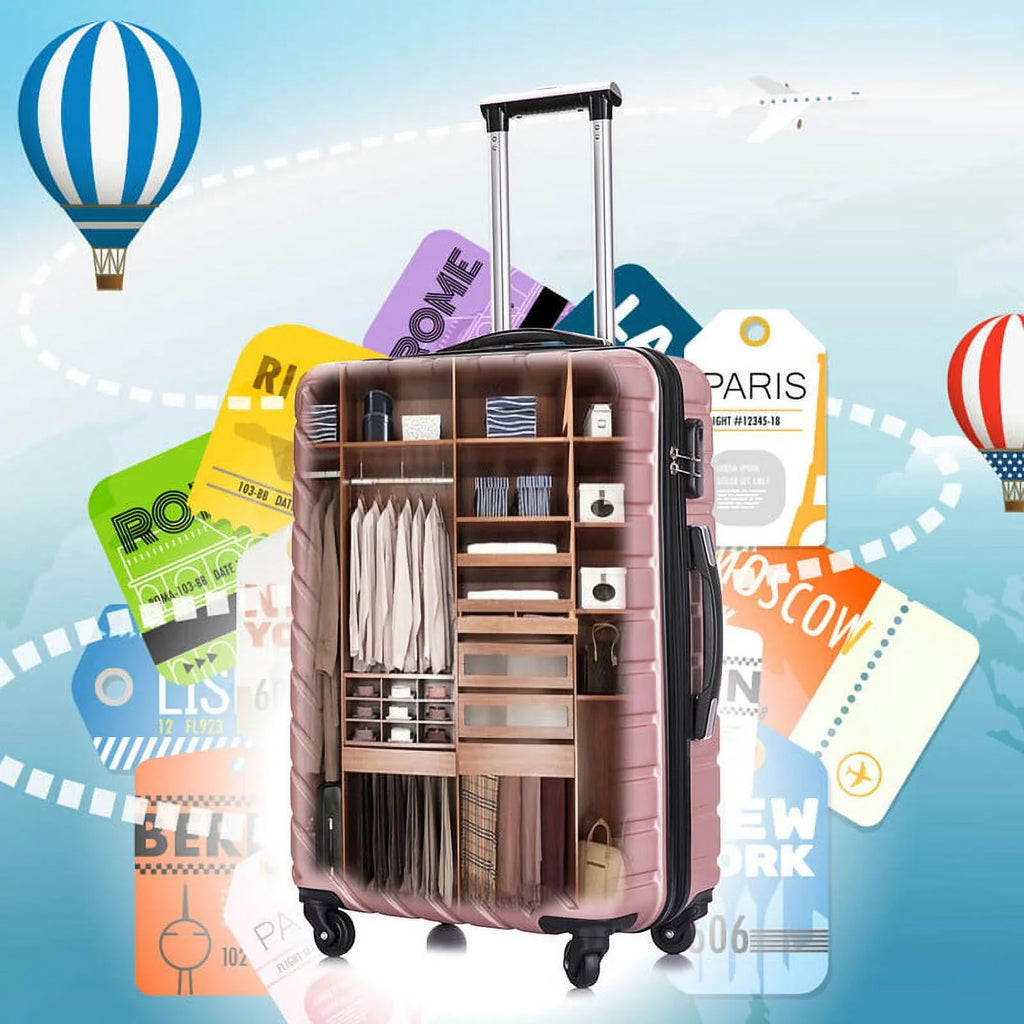 4 Piece Hardshell Luggage Sets,Travel Suitcase,Carry On Luggage with Spinner Wheels Free Cover&Hanger Inside rose gold