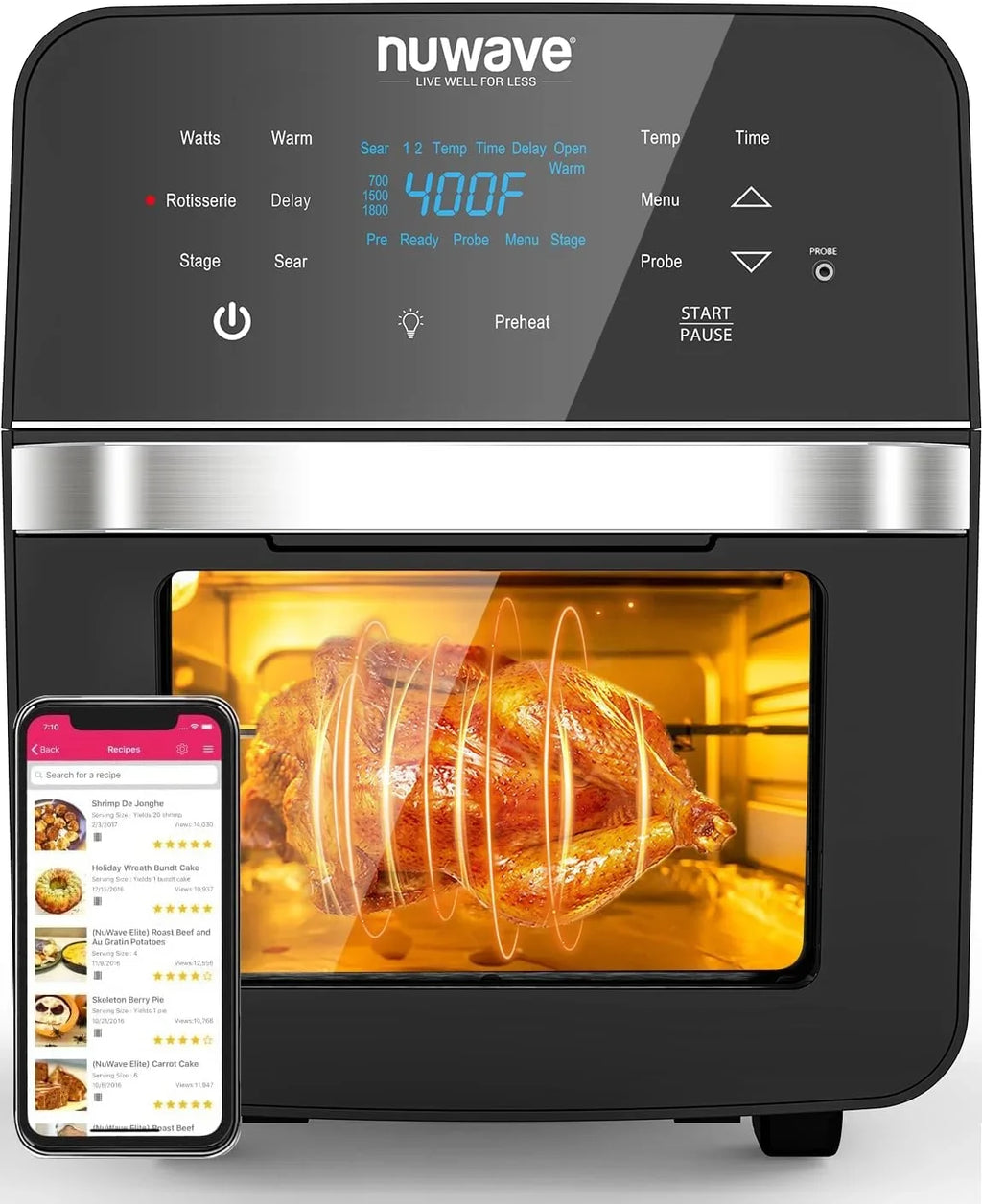 HOZO Brio Air Fryer Oven, 15.5Qt X-Large Family Size, SS Rotisserie Basket &-Skewer Kit, Powerful 1800W, 50F-425F Temp Controls, Integrated Smart Thermometer