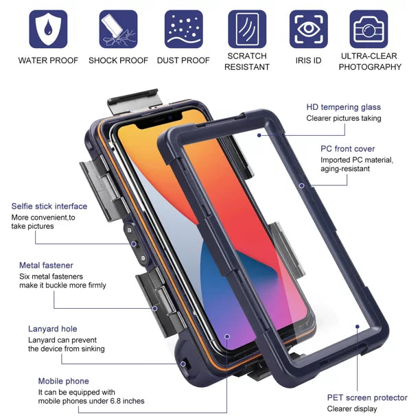 UrbanX Professional [15m/50ft] Swimming Diving Surfing Snorkeling Photo Video Waterproof Protective Case Underwater Housing for Y8p And all Phones Up to 6.9 Inch LCD with Lanyard