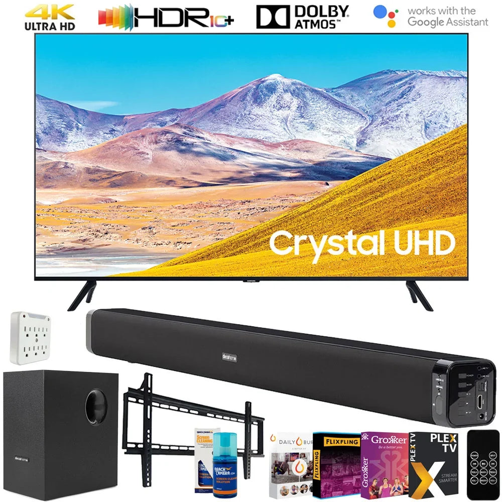 Samsung UN65TU8000 65-inch 4K UHD Smart LED TV (2020) Bundle with Deco Gear 60W Soundbar & Subwoofer, Wall Mount, Surge Adapter, Screen Cleaner and TV Digital Essentials (65TU8000 65 Inch TV 65" TV)
