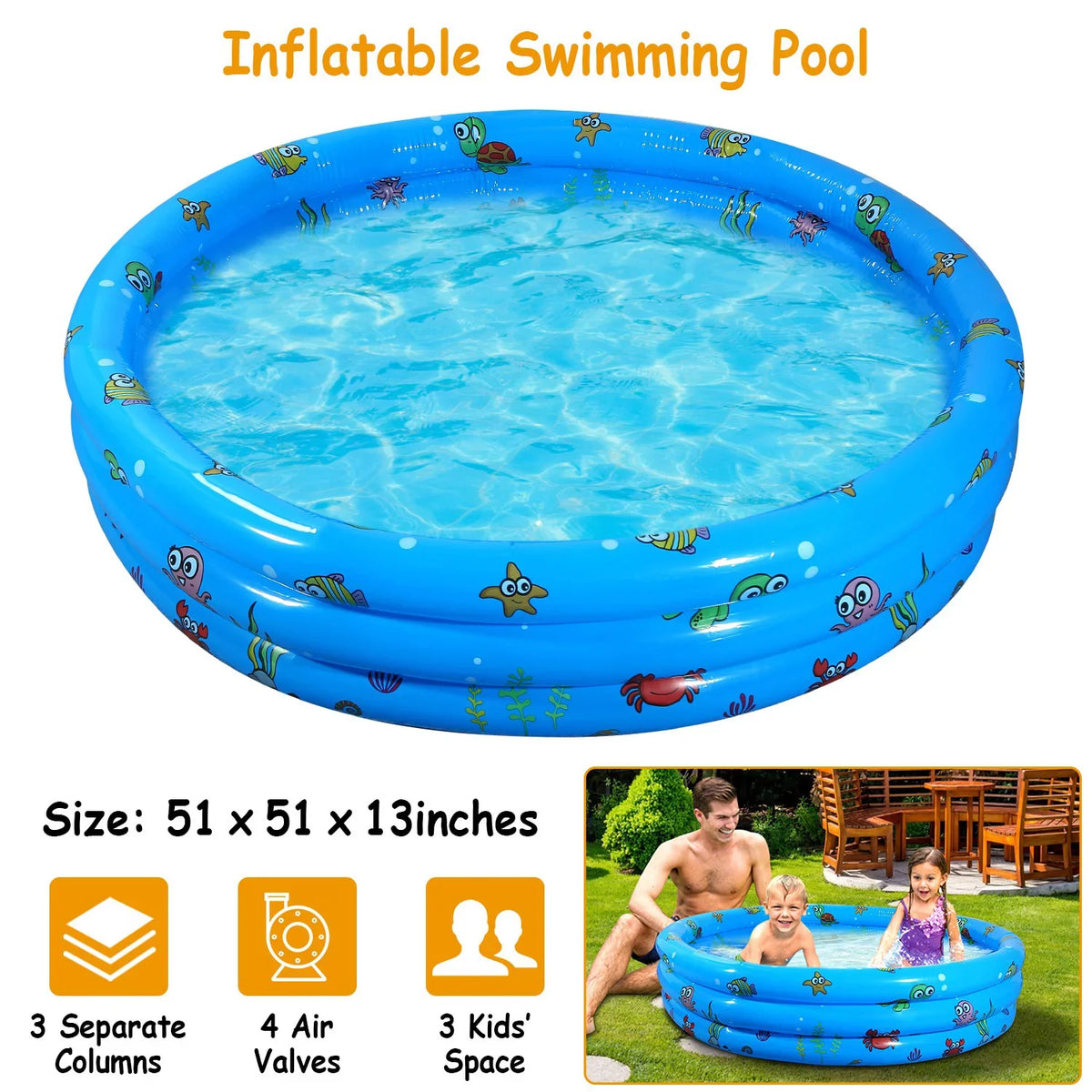 iMounTEK Kid Family Pool, 51x13” Inflatable Swimming Pool for 3 Kids with 4 Bottom Water Drain Plug