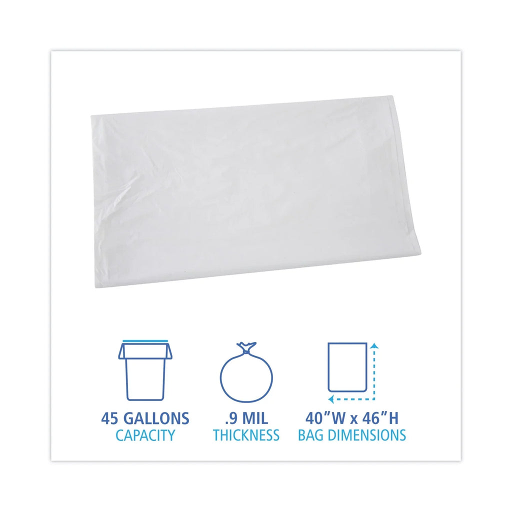 Boardwalk Linear Low Density Industrial Trash Bags, 45 gal, 0.9 mil, 40 x 46, White, 100/Carton