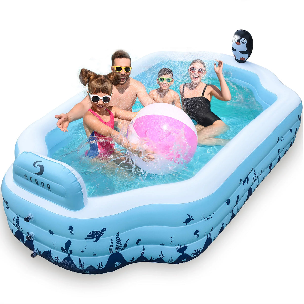 Sebor Inflatable Pool with Seat and Sprinkler - 10.3Ft x 76'' x 20'' Full Sized Above Ground Swimming Pool for Family, Adults, and Kids - Thickened Design for Backyard, Garden, and Outdoor Fun