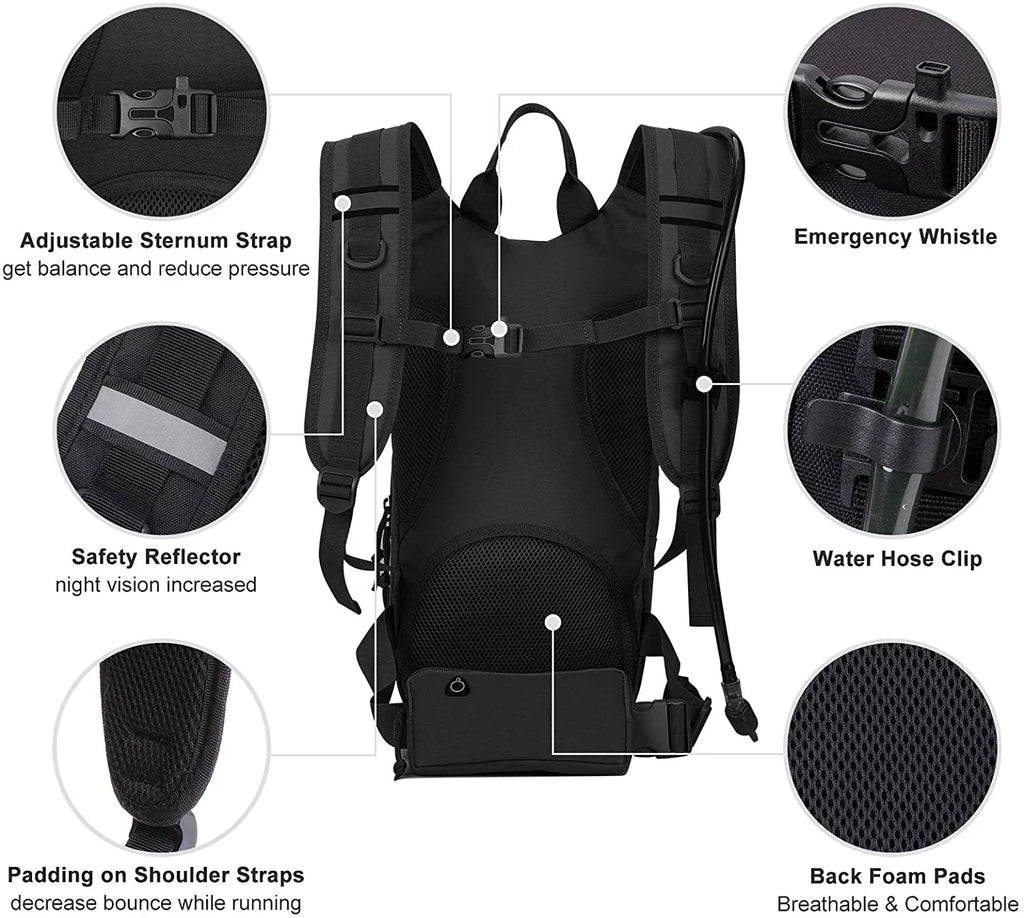 SKL Hydration Pack Tactical Water Backpack with 2L BPA Free Water Bladder, Military Water Bag Thermal Insulation, Adjustable Waist Pocket Daypack Fits Women Men for Running Hiking Cycling Biking