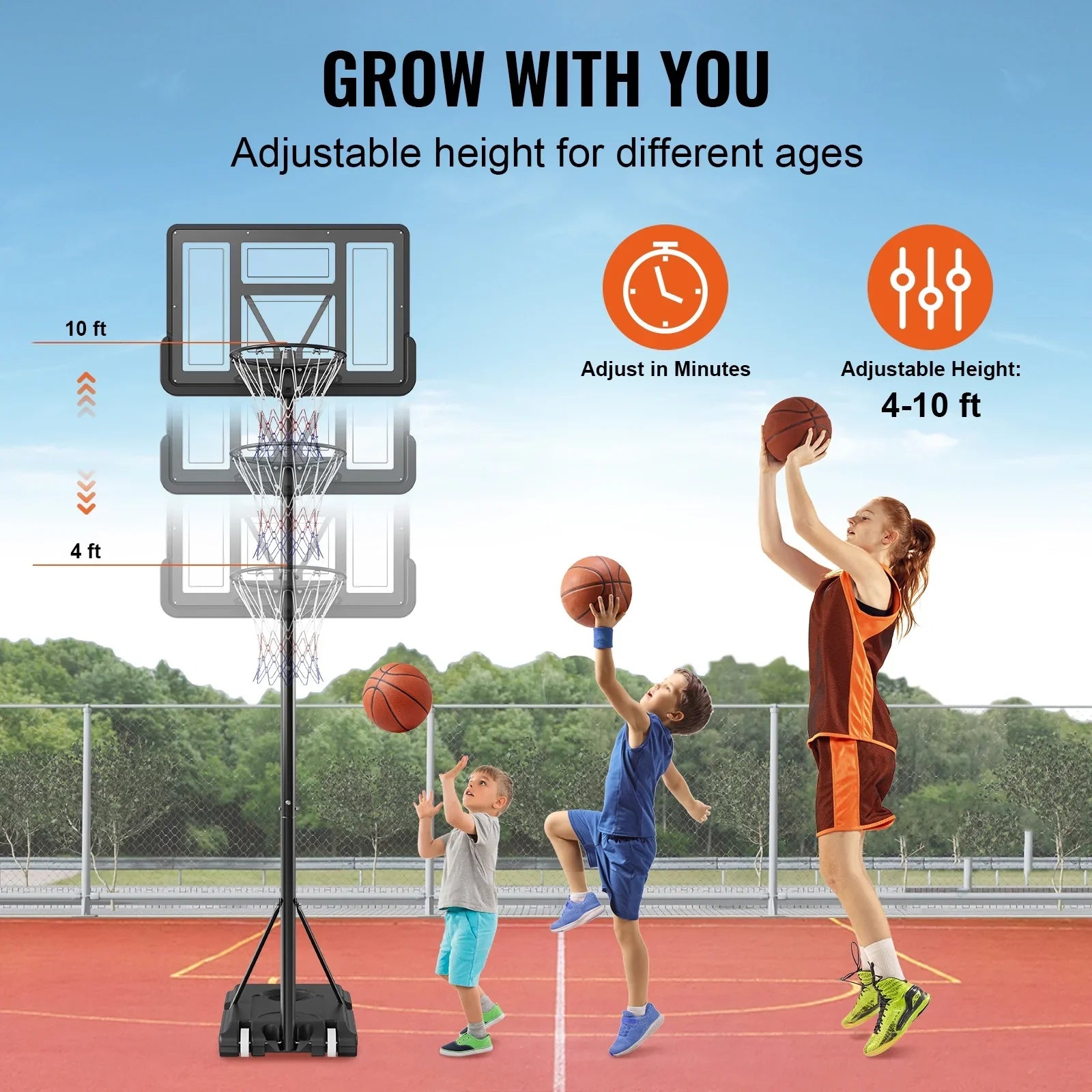 SKYSHALO Portable Basketball Hoop Goal 4-10ft Adjustable Height, Indoor Outdoor Basketball Hoop System w/ 44" Shatterproof Backboard and Stand Wheels for Teenagers Youth Junior