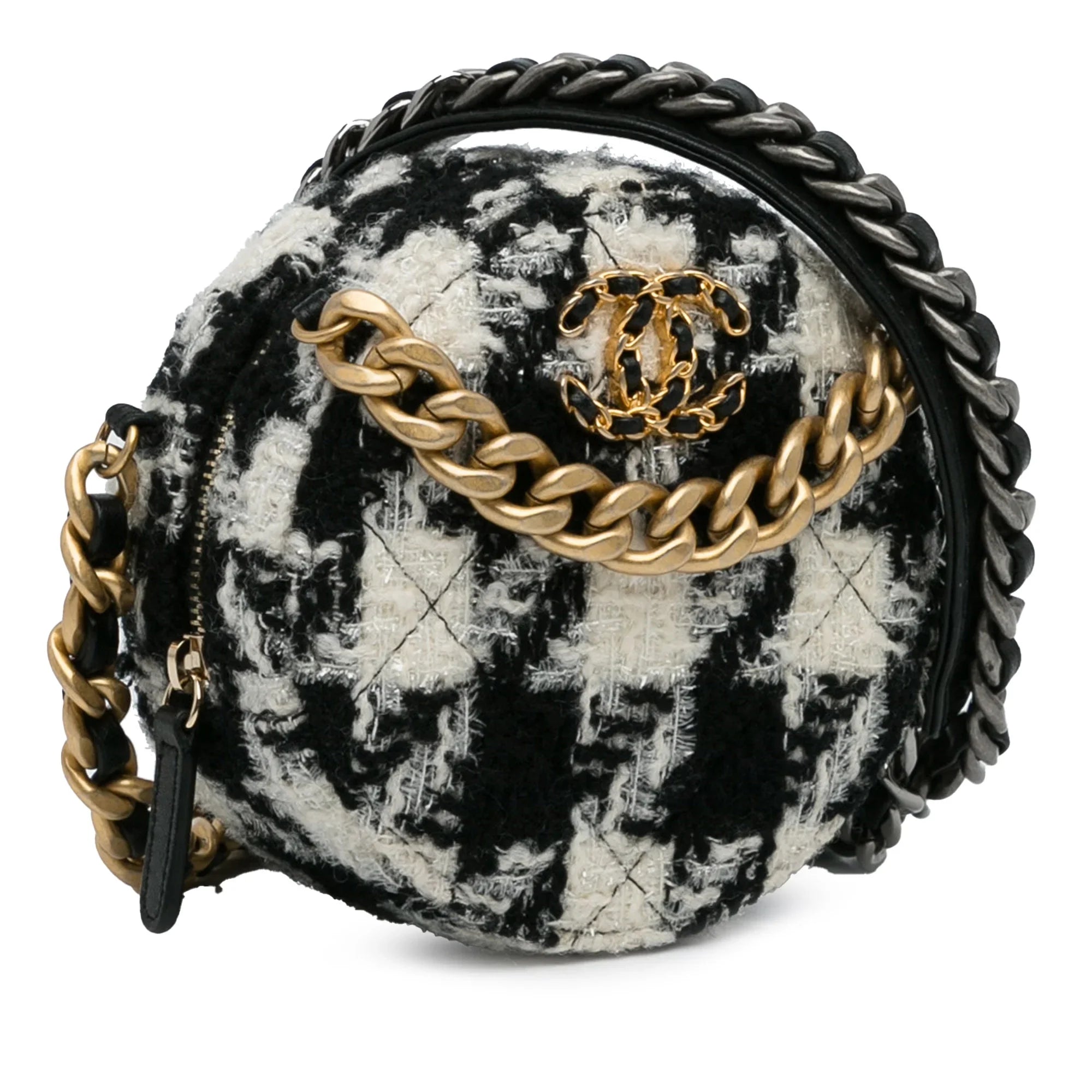 Pre-Owned Authenticated Chanel Round 19 Clutch with Chain and Lambskin Coin Purse Tweed Fabric Black Crossbody Bag Unisex (Good)