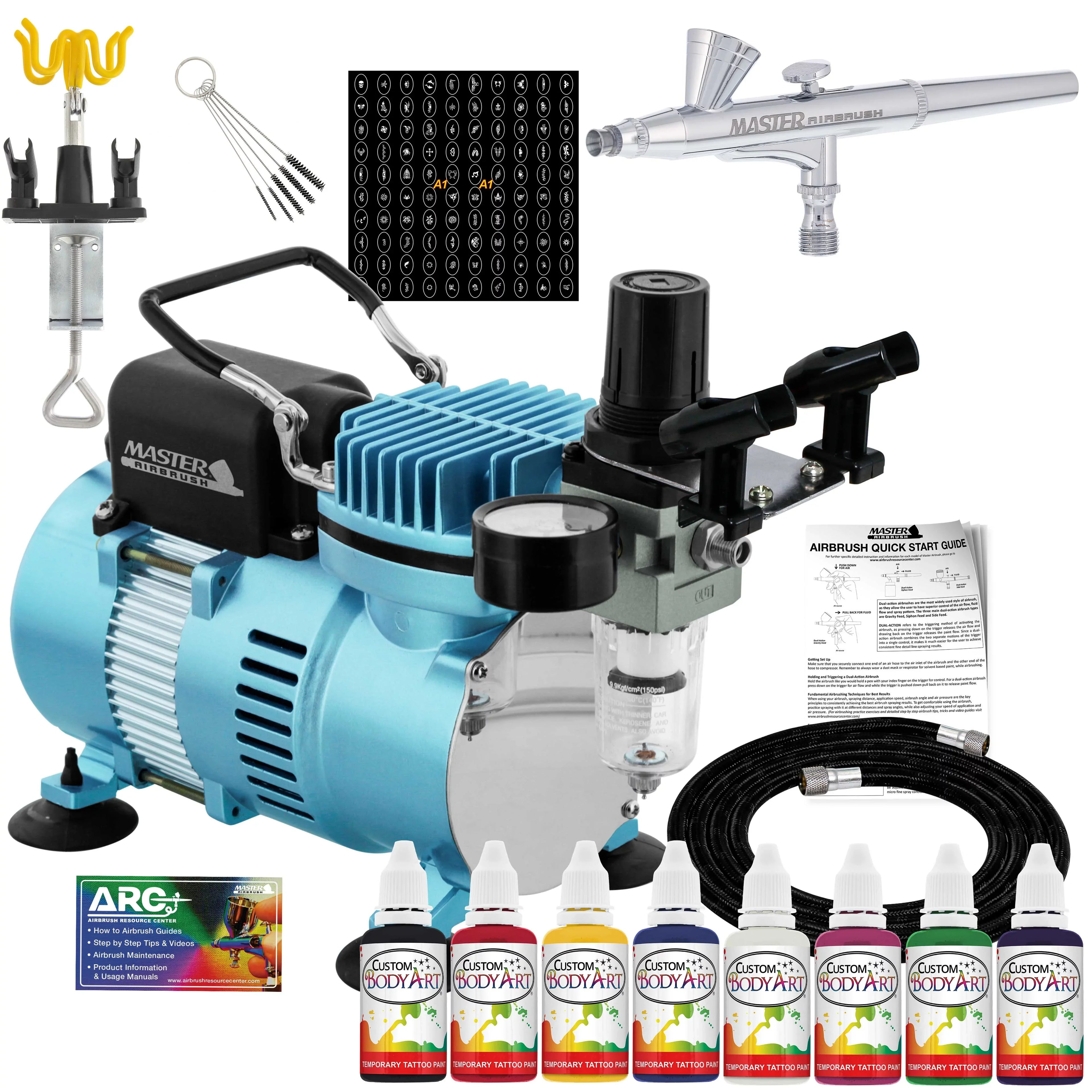 Master Airbrush Air Compressor Custom Body Art System Kit with Airbrush, 8 Color Temporary Tattoo Paint Set, 100 Stencil