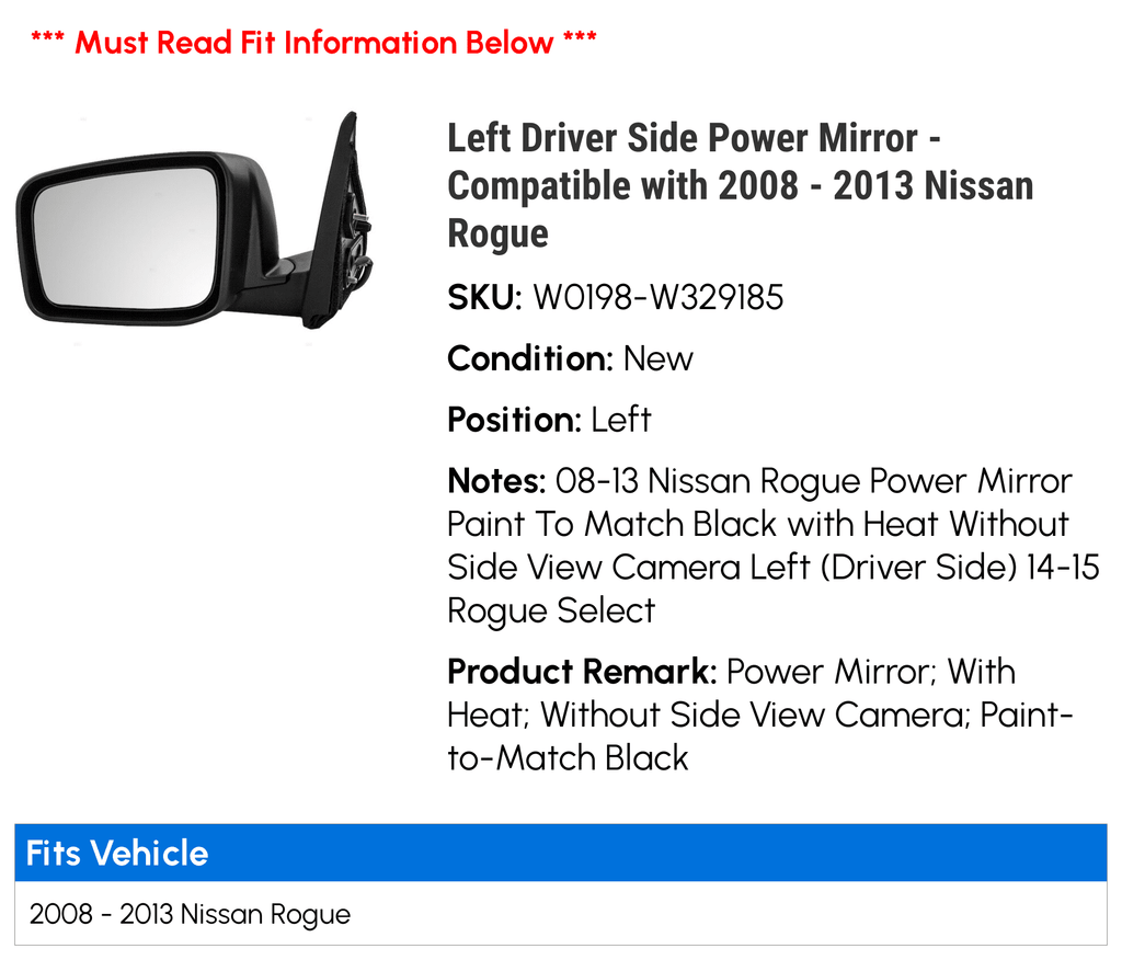 Left Driver Side Power Mirror - Black - Heated - Paint To Match - without Side View Camera - Compatible with 2008 - 2013 Nissan Rogue 2009 2010 2011 2012