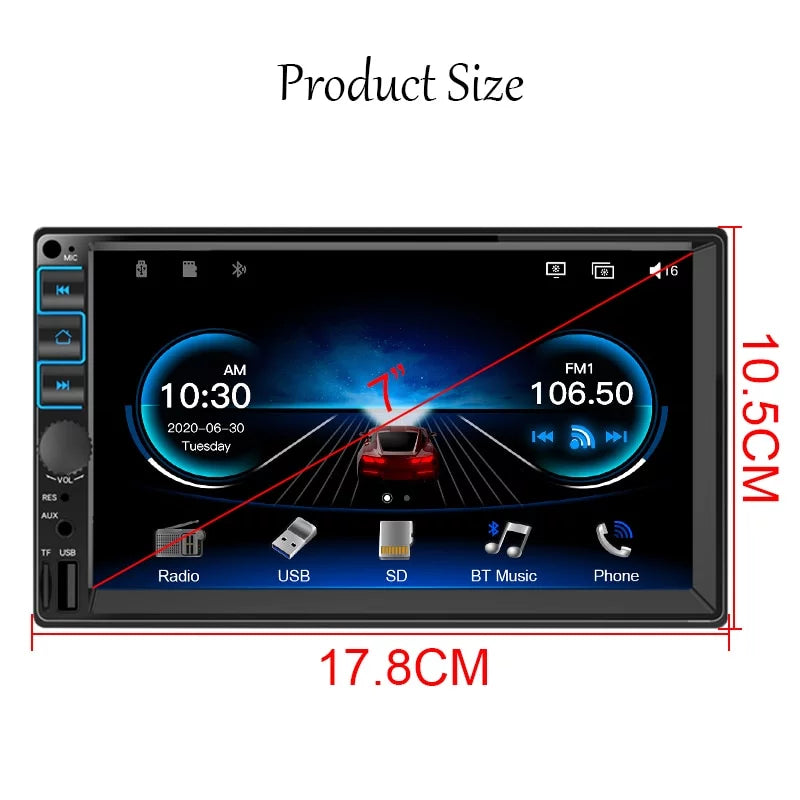 Car Radio 7'' 2 Din Stereo Receiver Bluetooth, Microphone, Mirror Link, Display, GPS, Touch Screen Support Apple Carplay , Android Auto