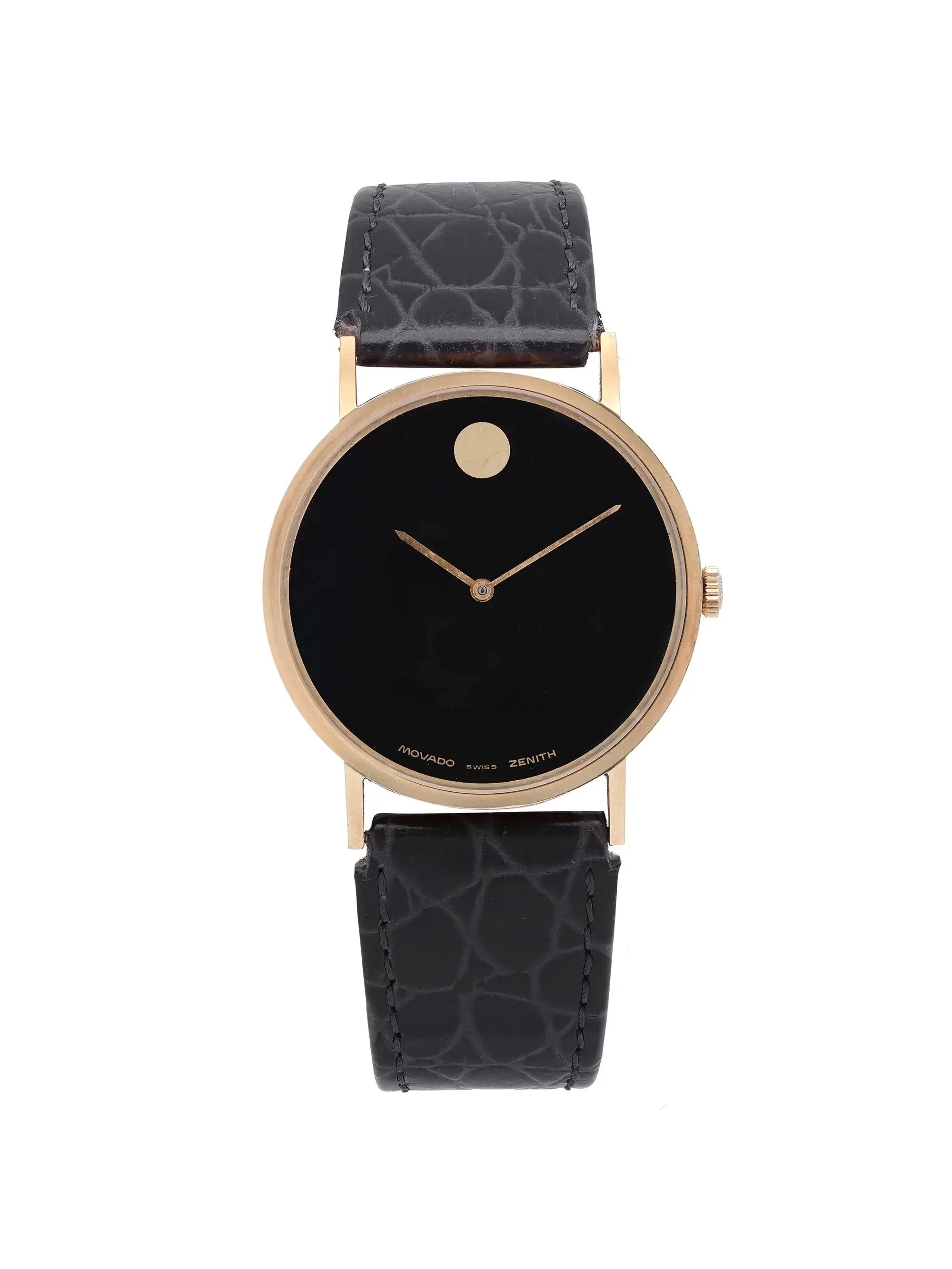 Movado Museum 33mm 14K Yellow Gold Black Dial Zenith Hand Wind Vintage Watch