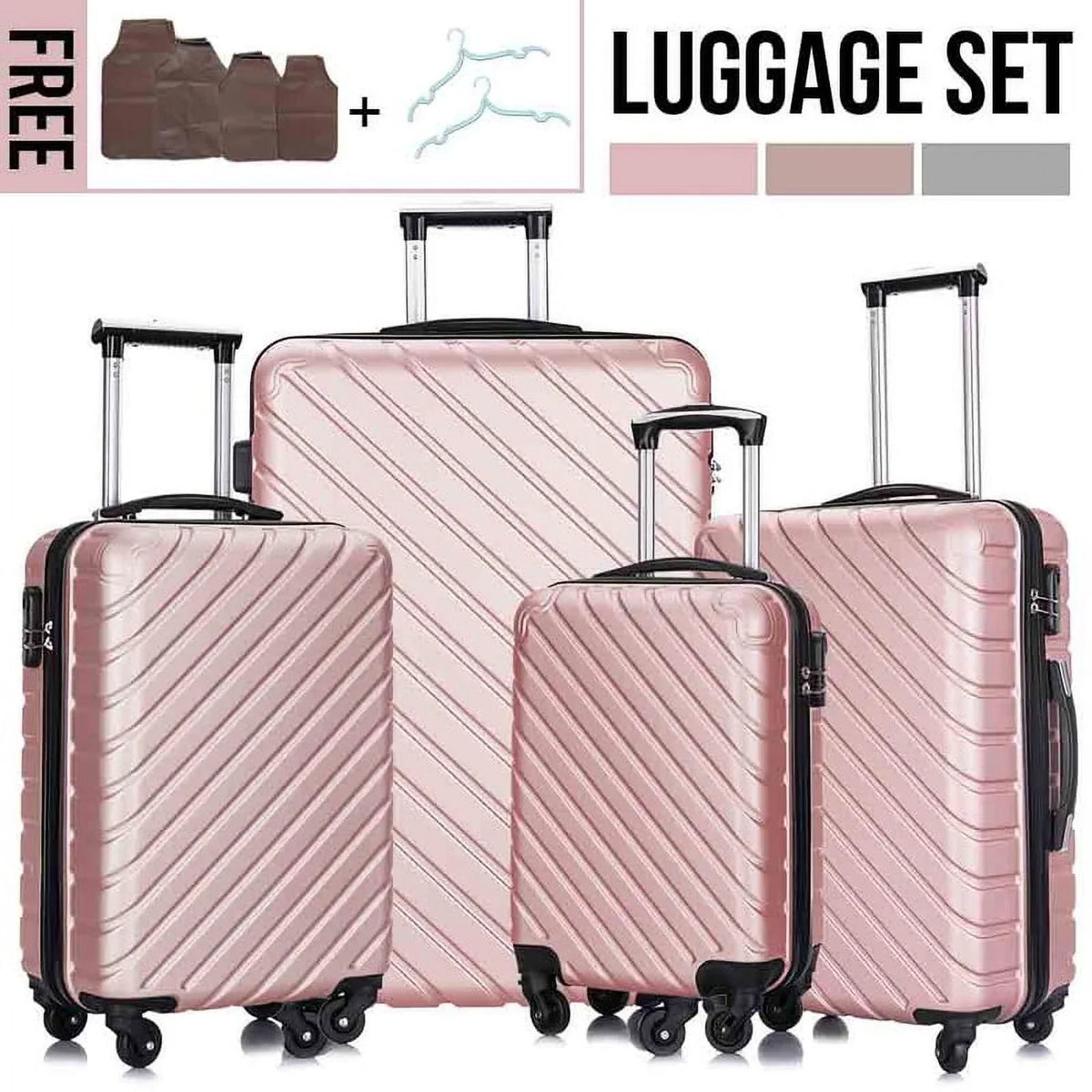4 Piece Hardshell Luggage Sets,Travel Suitcase,Carry On Luggage with Spinner Wheels Free Cover&Hanger Inside rose gold