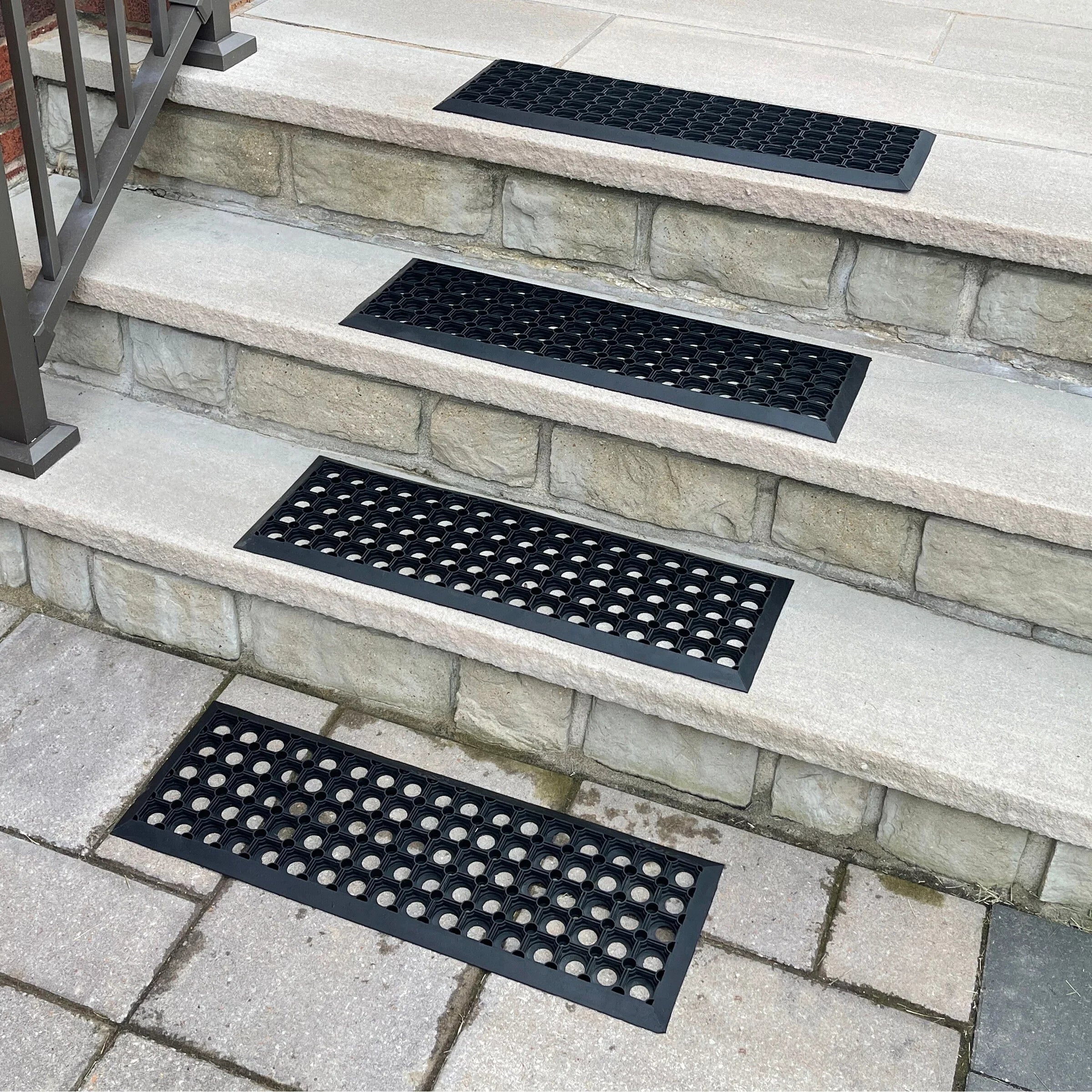 AmeriHome RMT10304 10 x 30 in. Drainage Rubber Stair Tread Set, Black - 4 Piece