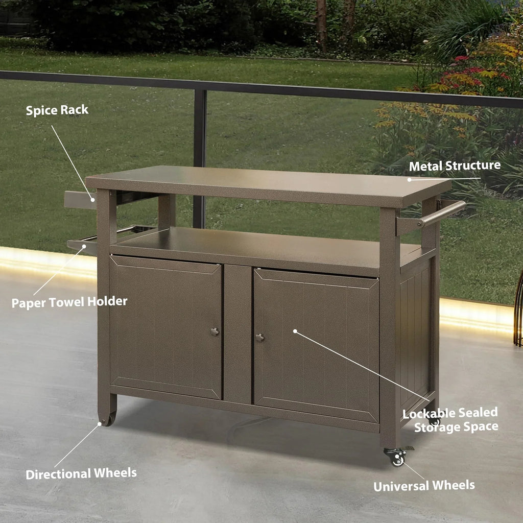 Homiyad Grill Carts Outdoor Storage Cabinet with Wheels, Metal Outdoor Grill Table Kitchen Dining Table Cooking Prep BBQ Table for Patio, Kitchen Island, Home Party, Bar (Brown)