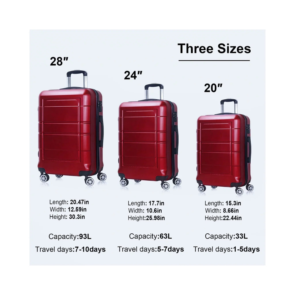 Traveling Luggage, 3pcs Hardside Luggage Set, 20"+24"+28" with TSA Lock, Red