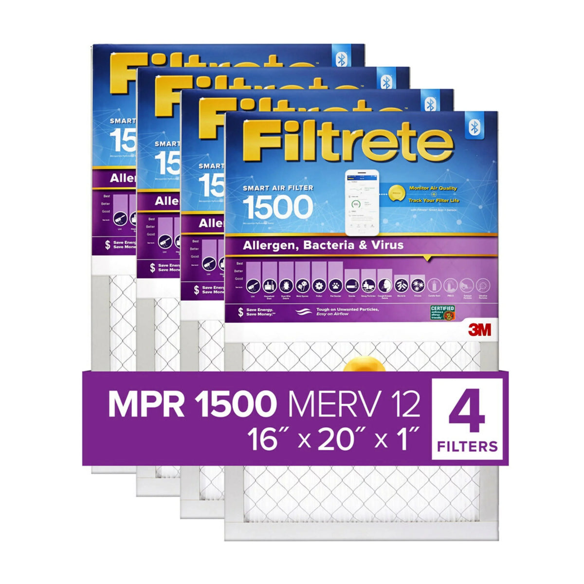 Filtrete by 3M, Smart 16x20x1, MERV 12, Allergen, Bacteria & Virus HVAC Air and Furnace Filter, Captures Allergens, Bacteria, Viruses, 1500 MPR, 4 Filters
