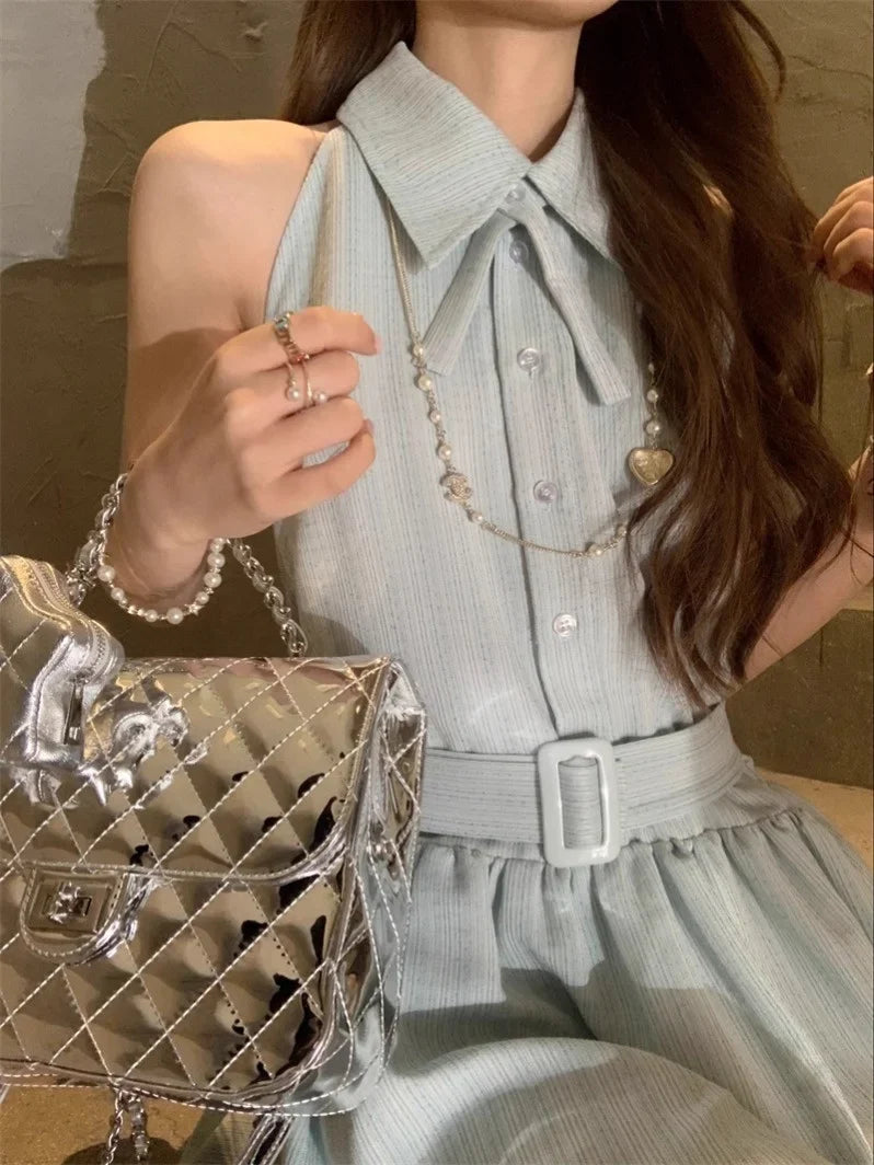 Deeeefuu Pei Pei Han Man Oni Mint Mambo Neck Dress Women Tie Waisted Commuter Short Dresses Sleeveless Halter Dress [In Stock]] S