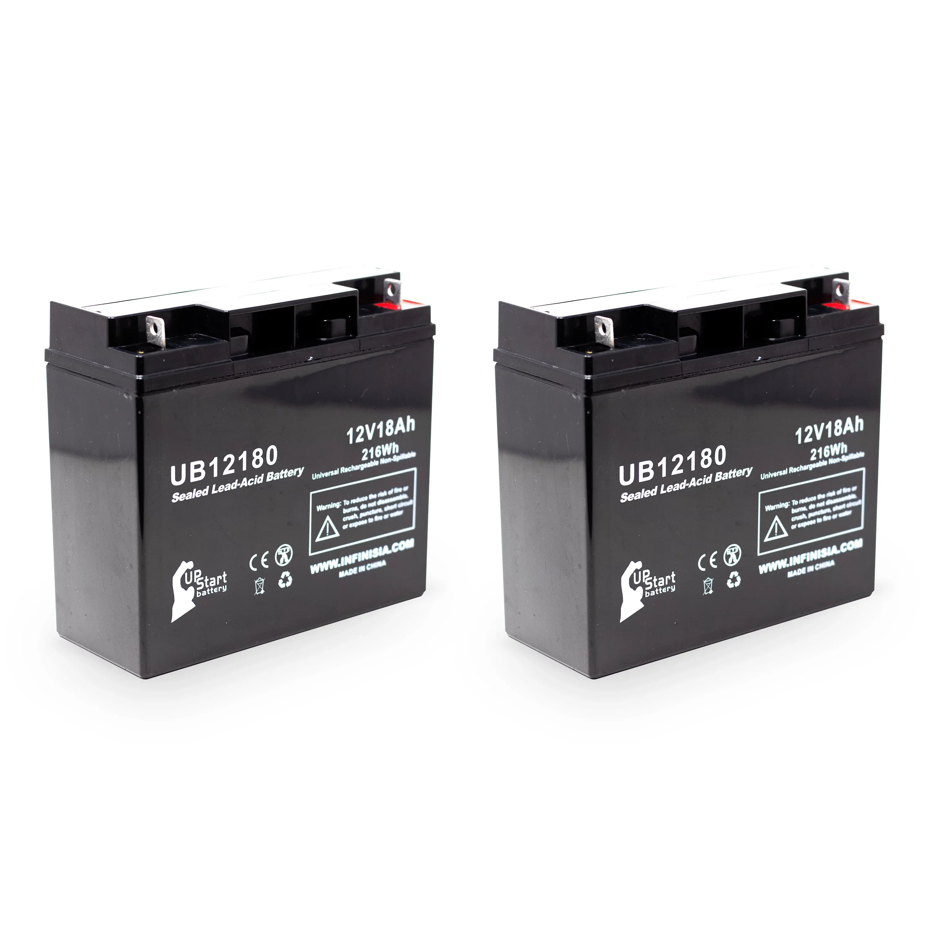 2x Pack - Compatible GS / Portalac PX12180 Battery - Replacement UB12180 Universal Sealed Lead Acid Battery (12V, 18Ah, 18000mAh, T4 Terminal, AGM, SLA)