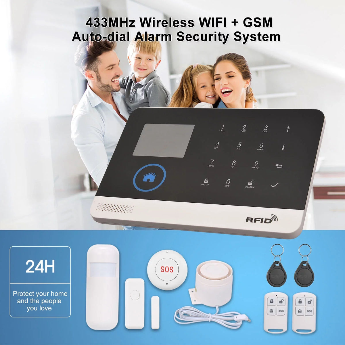 433MHz Wireless WIFI + GSM Auto-dial Alarm System LCD Display Door Sensor PIR Motion Sensor Phone APP Remote Control Compatible with Home Voice Control Smart Home Burglar Alarm System