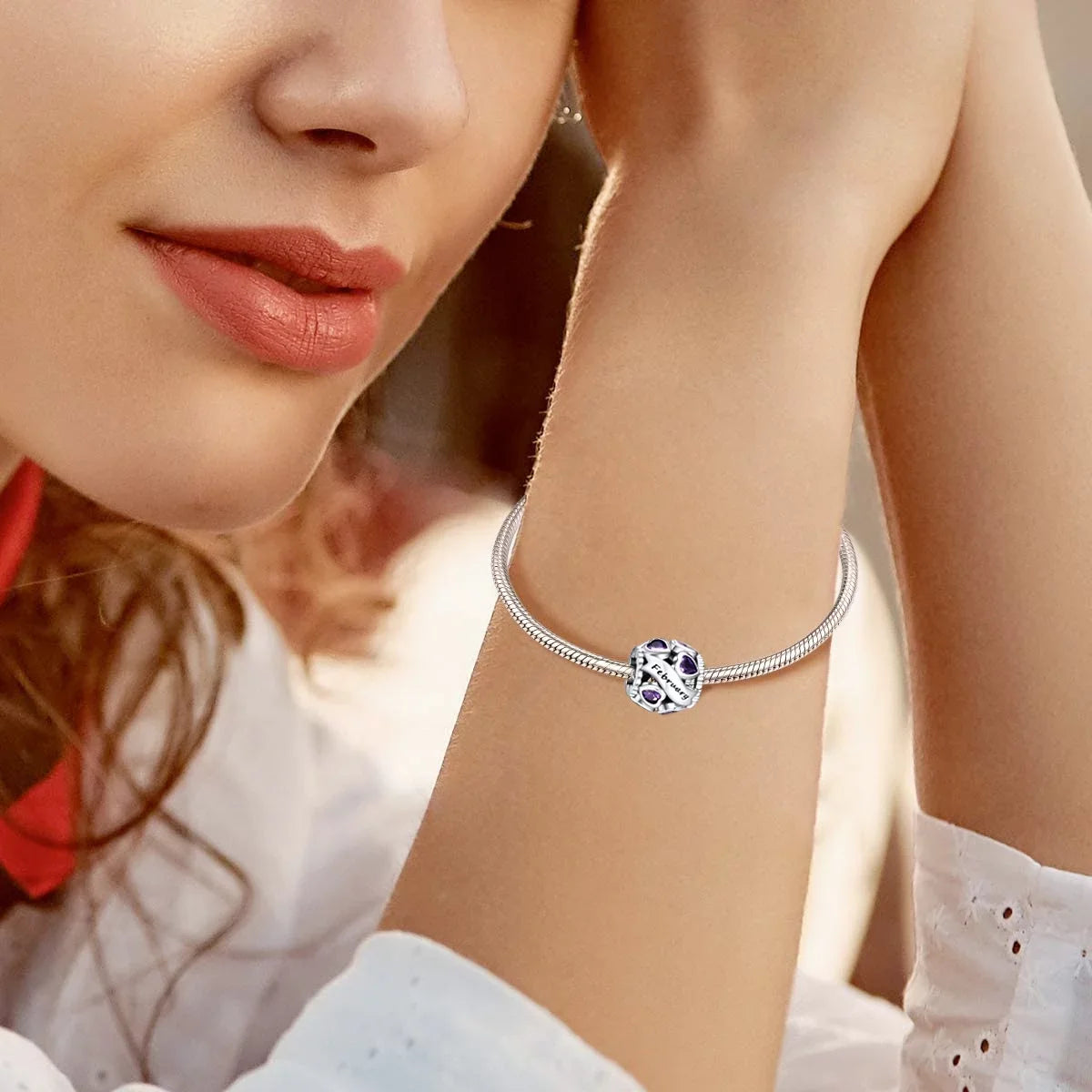 NINGAN February Birthstone Charms for Pandora Bracelets 925 Sterling Silver Love Heart Openwork Bead Charms